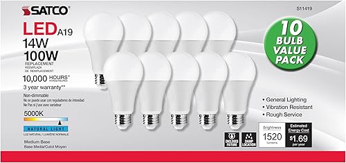 Miniatura 4 de Satco S11419 - Bombillas LED A19 de 14 W, repuesto de 100 W, luz natural de 5000 K, 1600 lúmenes, 10 unidades