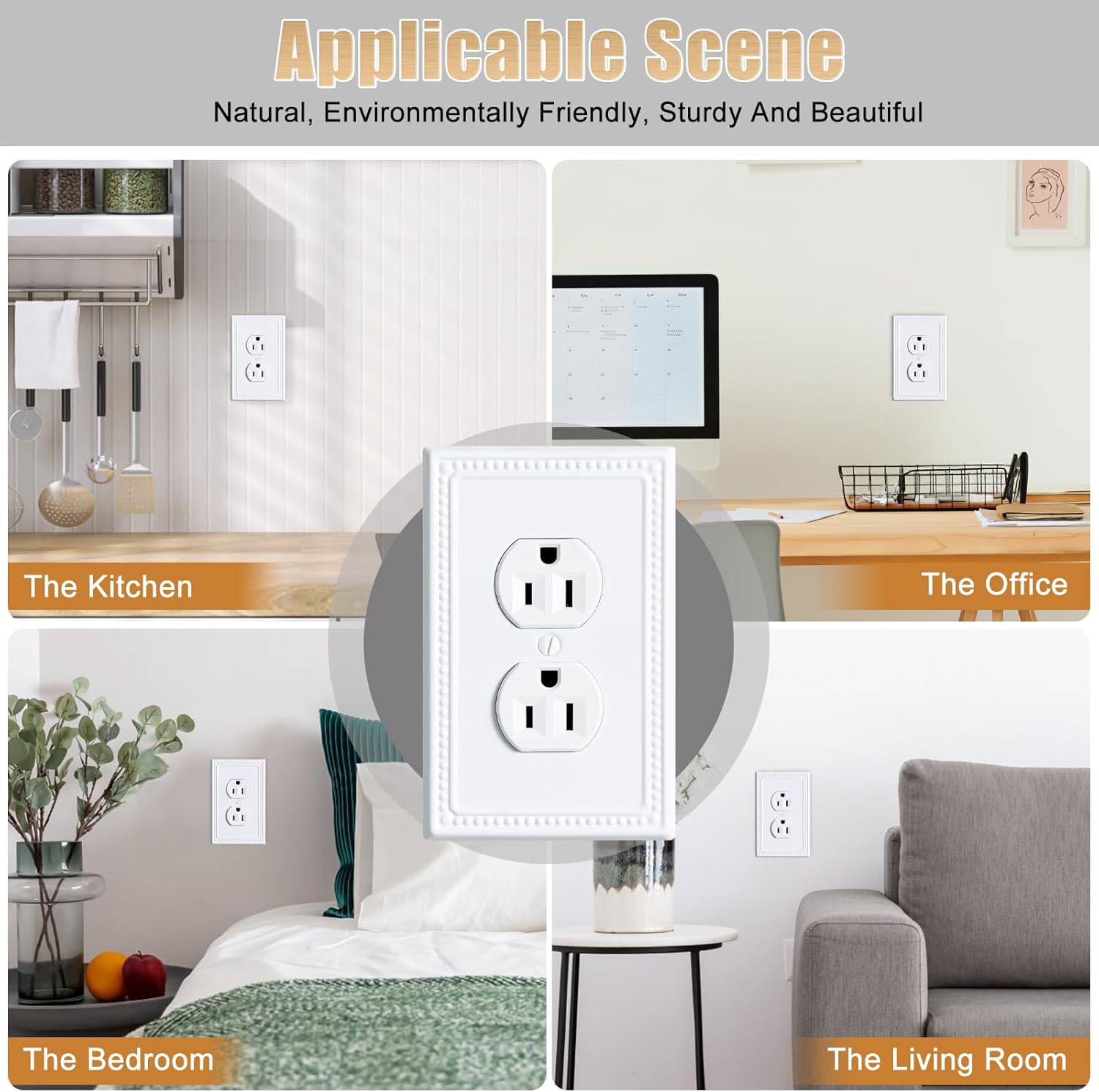 Metal Outlet Covers Wall Plates, White Beadboard Switch Plate Cover, Receptacle Light Switch Covers, Decorative Electrical Outlet Cover (1 Gang Duplex 4 Pack)