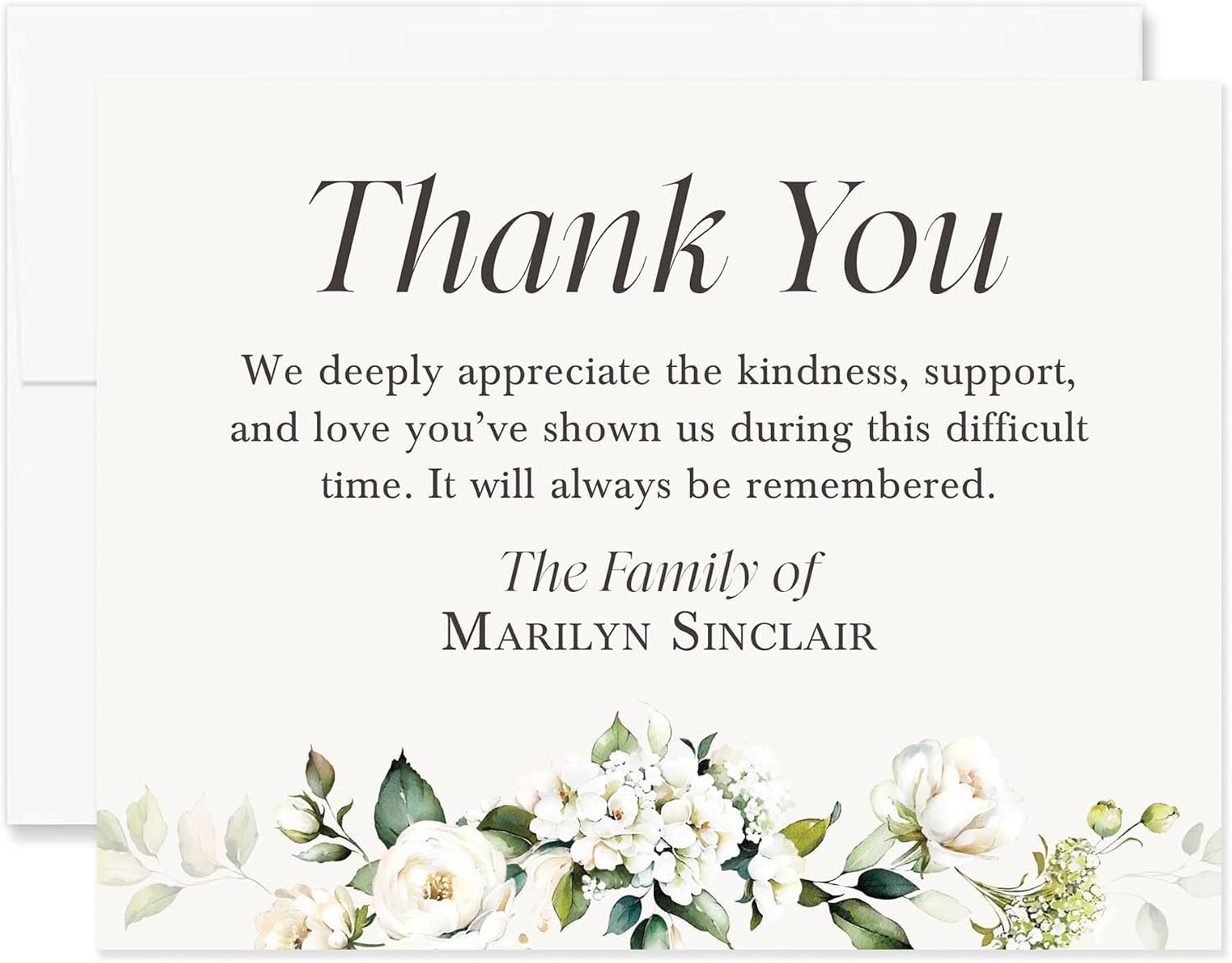 White Floral and Greenery Sympathy Acknowledgement Cards, Funeral Thank You Cards, 4.25x5.5 Memorial Bereavement Notes with Envelopes