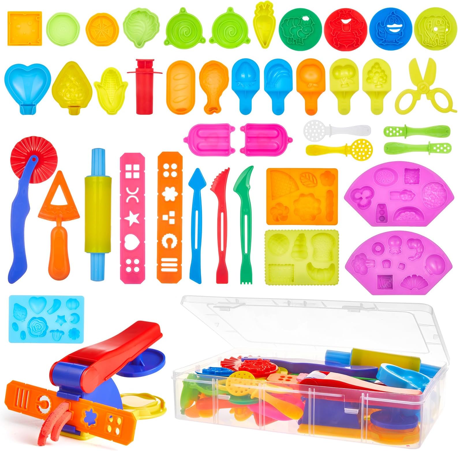 Lictin Clay Dough Tools Kit, 43Pcs Clay Modelling Tool Kit Includes Stamp, Extruder, Rollers, Cutters Molds, Multicolored Plastic Dough Play Tools Accessories (Vegetable, Fruits and Food Series)