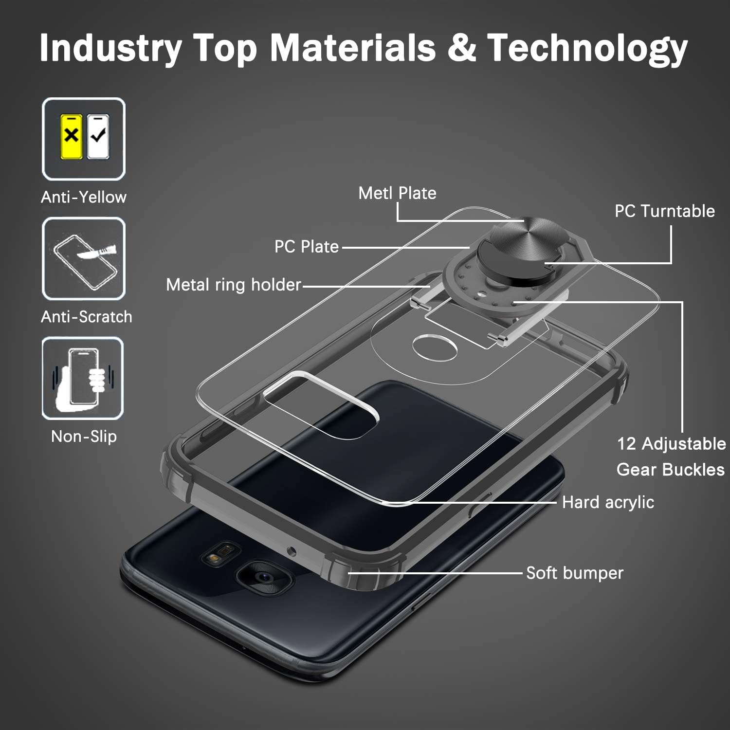 Samsung Galaxy S7 Case with [2 Pack] Tempered Glass Screen Protector, LeYi [Military-Grade] Clear Crystal Shockproof Phone Case with Magnetic Car Ring Kickstand for Samsung S7, Black