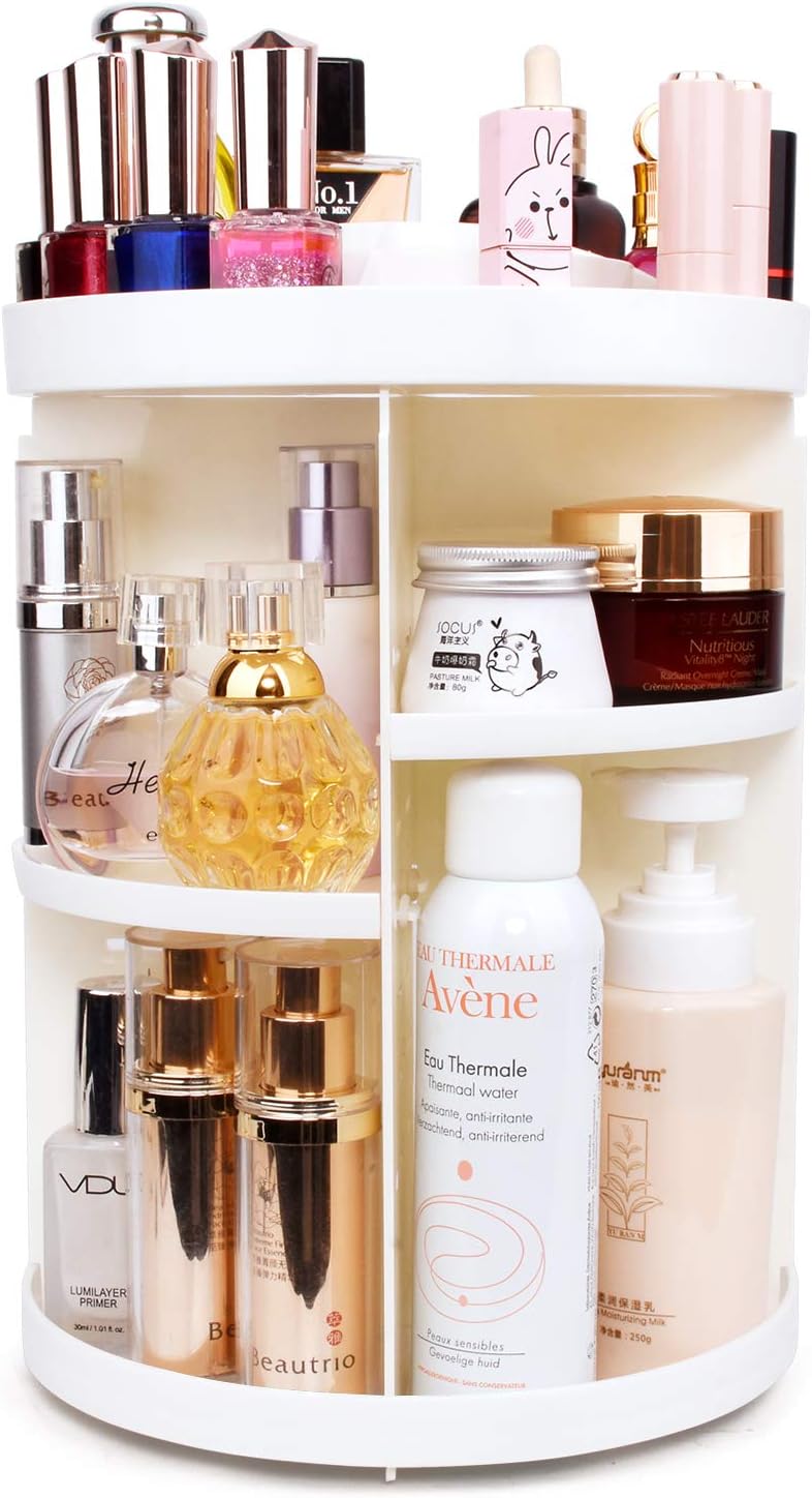360 Degree Rotation Makeup Tower Organizer, Lazy Susan Cosmetics Storage Shelf Round Makeup Carousel Rotating Display Rack, Great for Countertop Bathroom counter, White