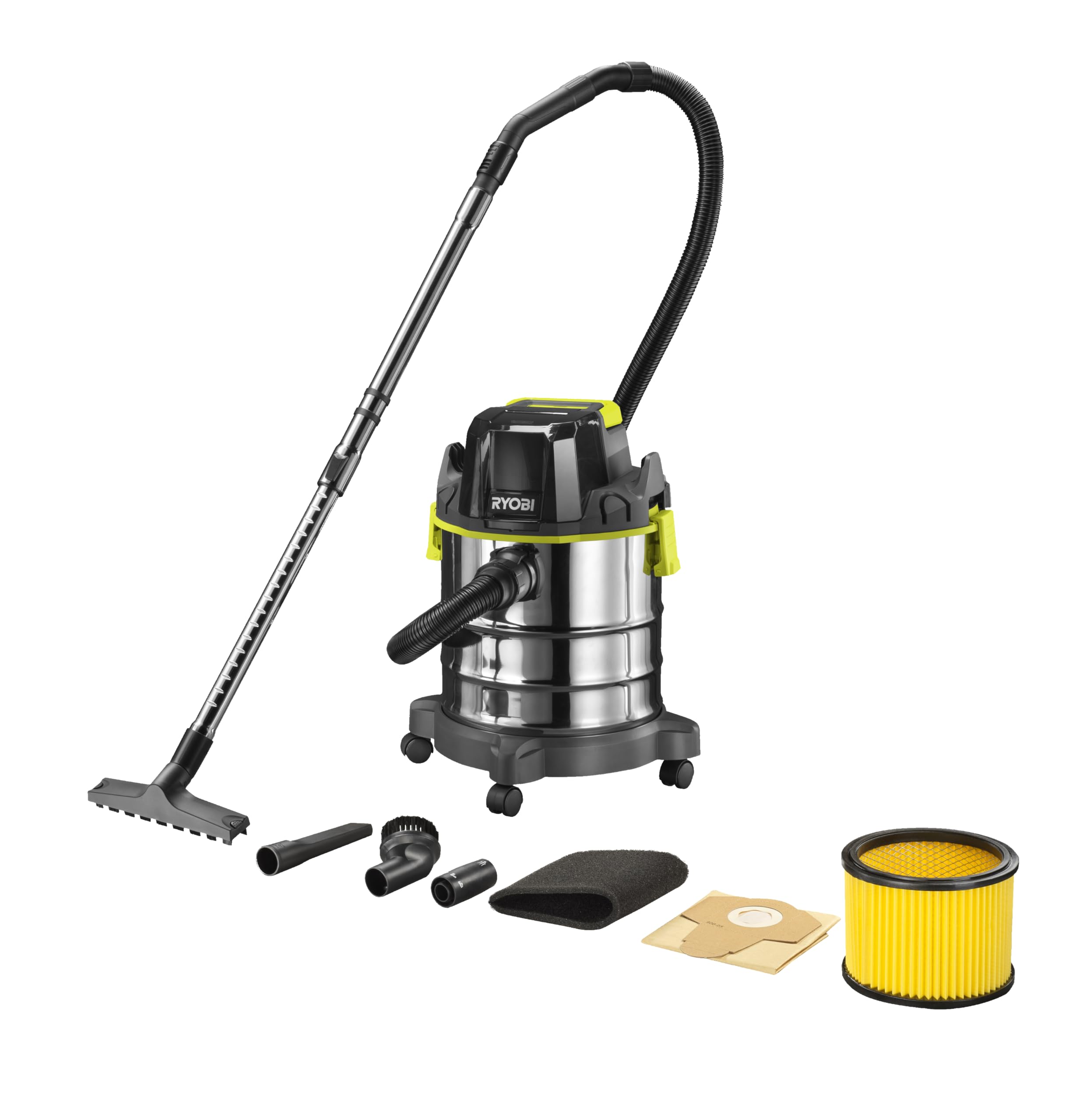 RYOBI 18 V ONE + Akülü Islak ve Kuru Elektrikli Süpürge R18WDV-0 (Emiş Gücü 82 AW, 18 L Hazne Hacmi, Hava Akımı 1400 l/dak, 1,8 m Hortum Uzunluğu, Akü ve Şarj Cihazı Yok), Yeşil