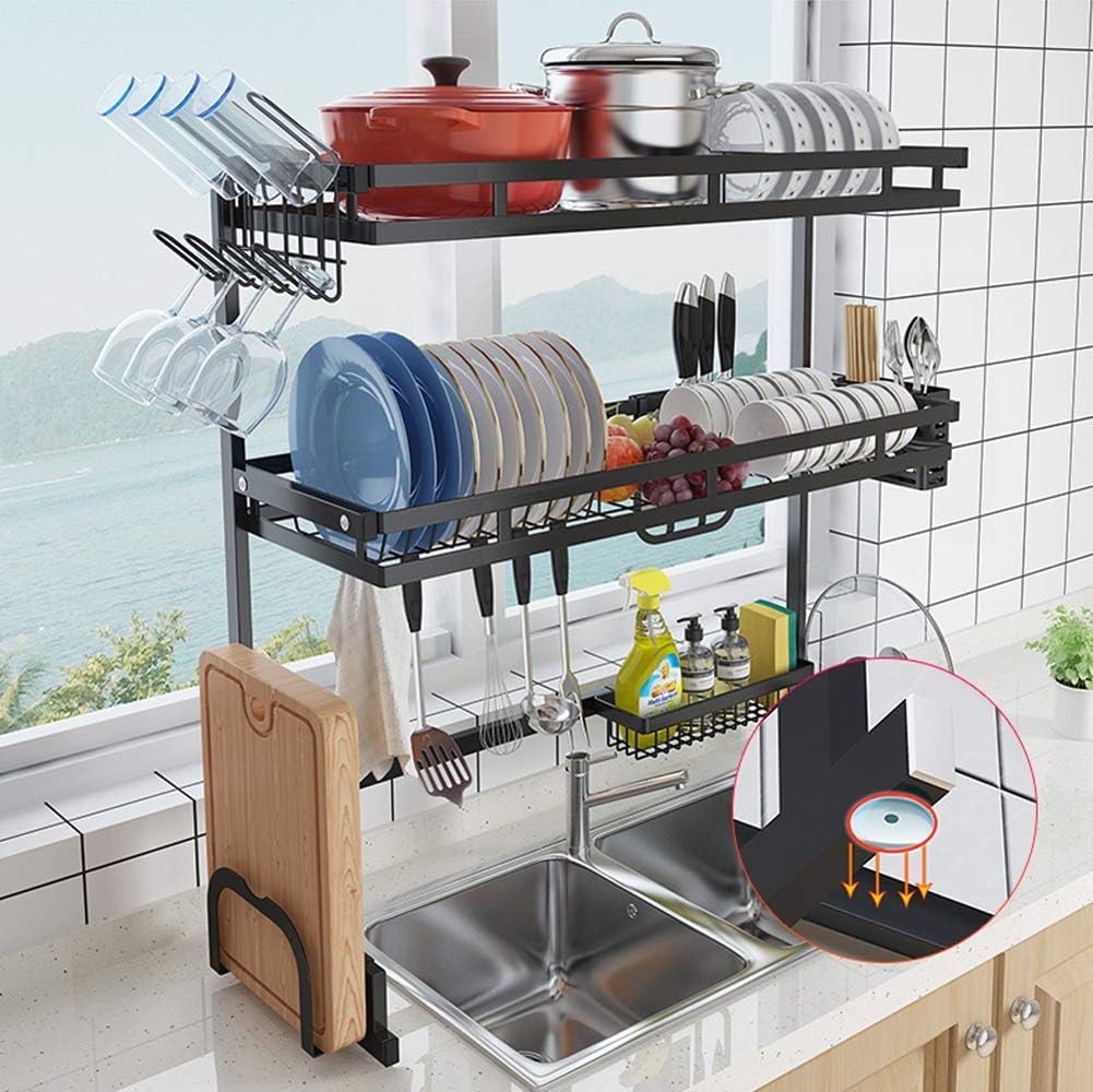 Best Cyber Deals 🔥 Dish Drying Rack Over Sink Kitchen Supplies Storage Shelf Countertop Space Saver Display Stand Tableware Drainer Organizer Utensils Holder Stainless Steel, Black (3 Tier)
