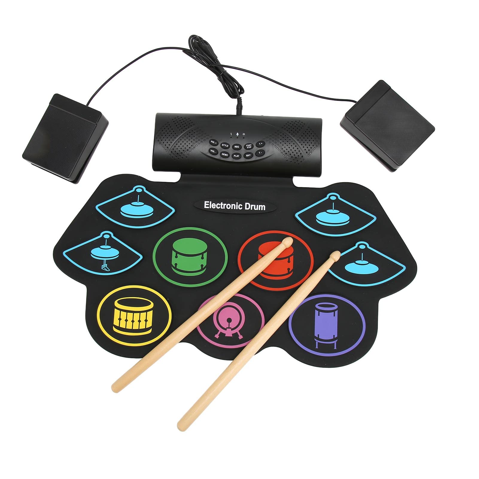 Farbige E-Drum-Sets, 9 Drum Practice Pad, 2 Drum Pedals, Bluetooth-Unterstützung, Aufnahmefunktion, für Tägliche Percussion-Übungen, Musikspiele