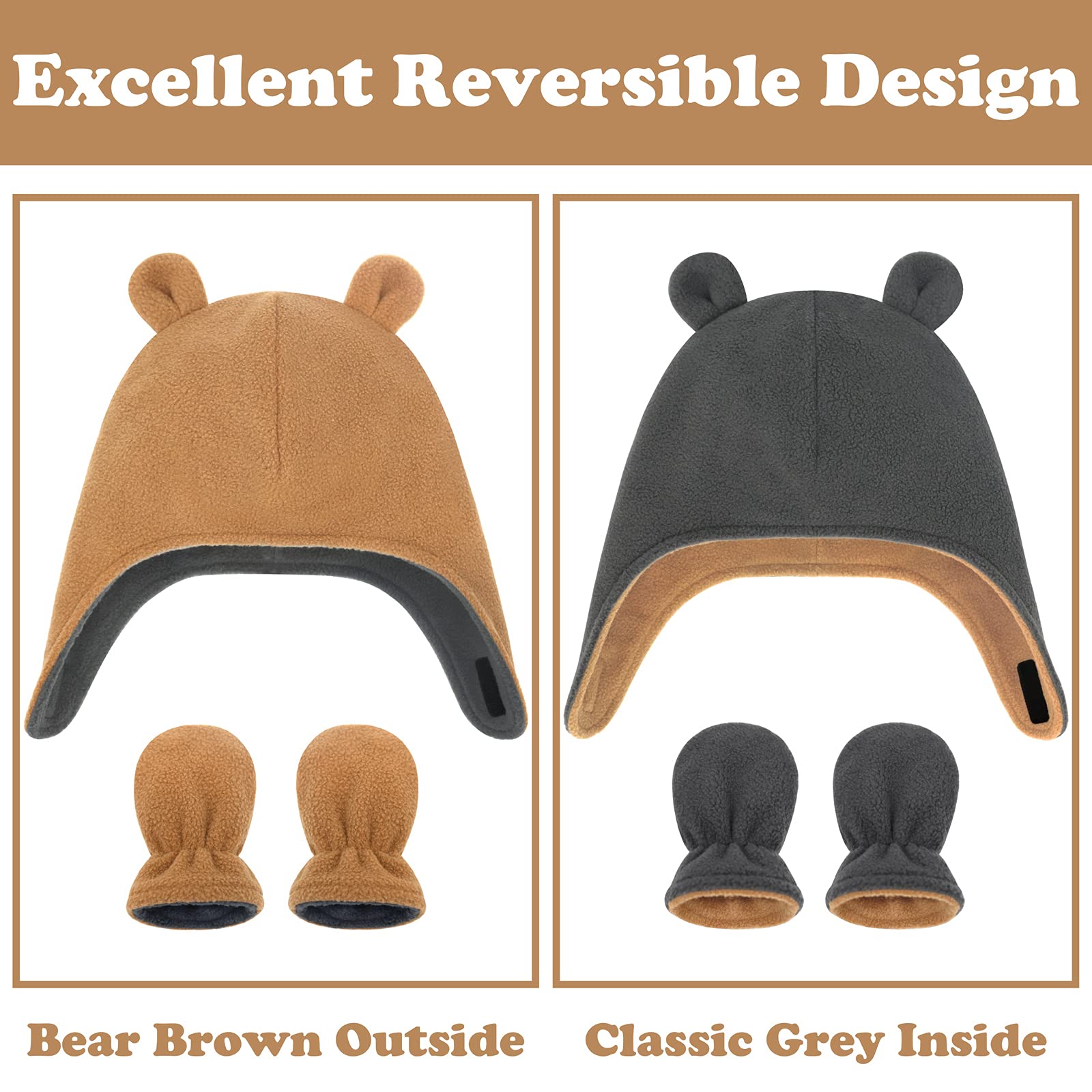 Sarfel Baby Winter Hat and Mitten Set, Unisex, Toddler, Bear Ears, Brown/Grey, Polyester, Polar Fleece, Hook and Loop Closure, Winter Accessory, Baby Hats and Mittens Set