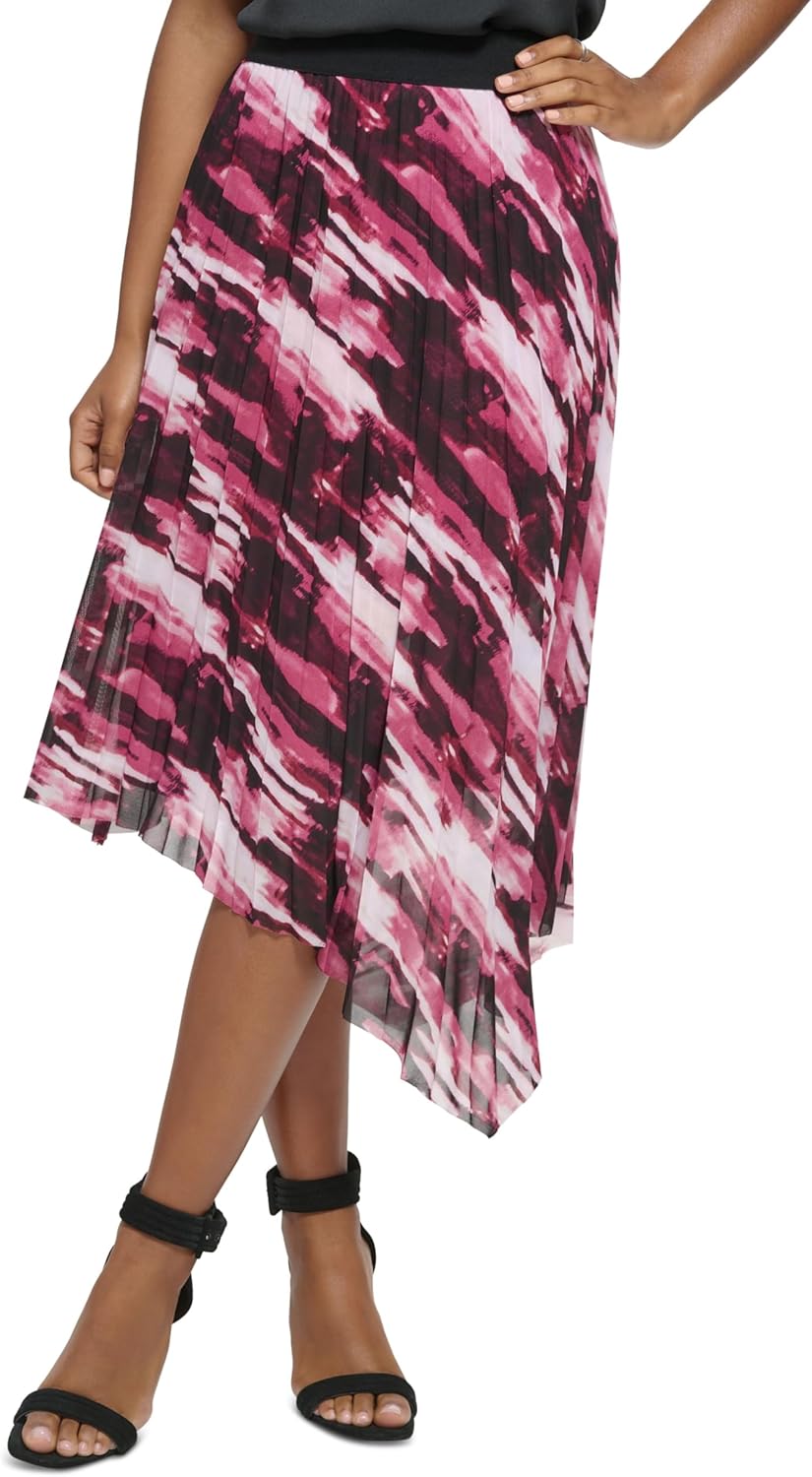 Calvin Klein Women's Printed Asymmetrical Hem Pleated Midi Skirt Port Combo L