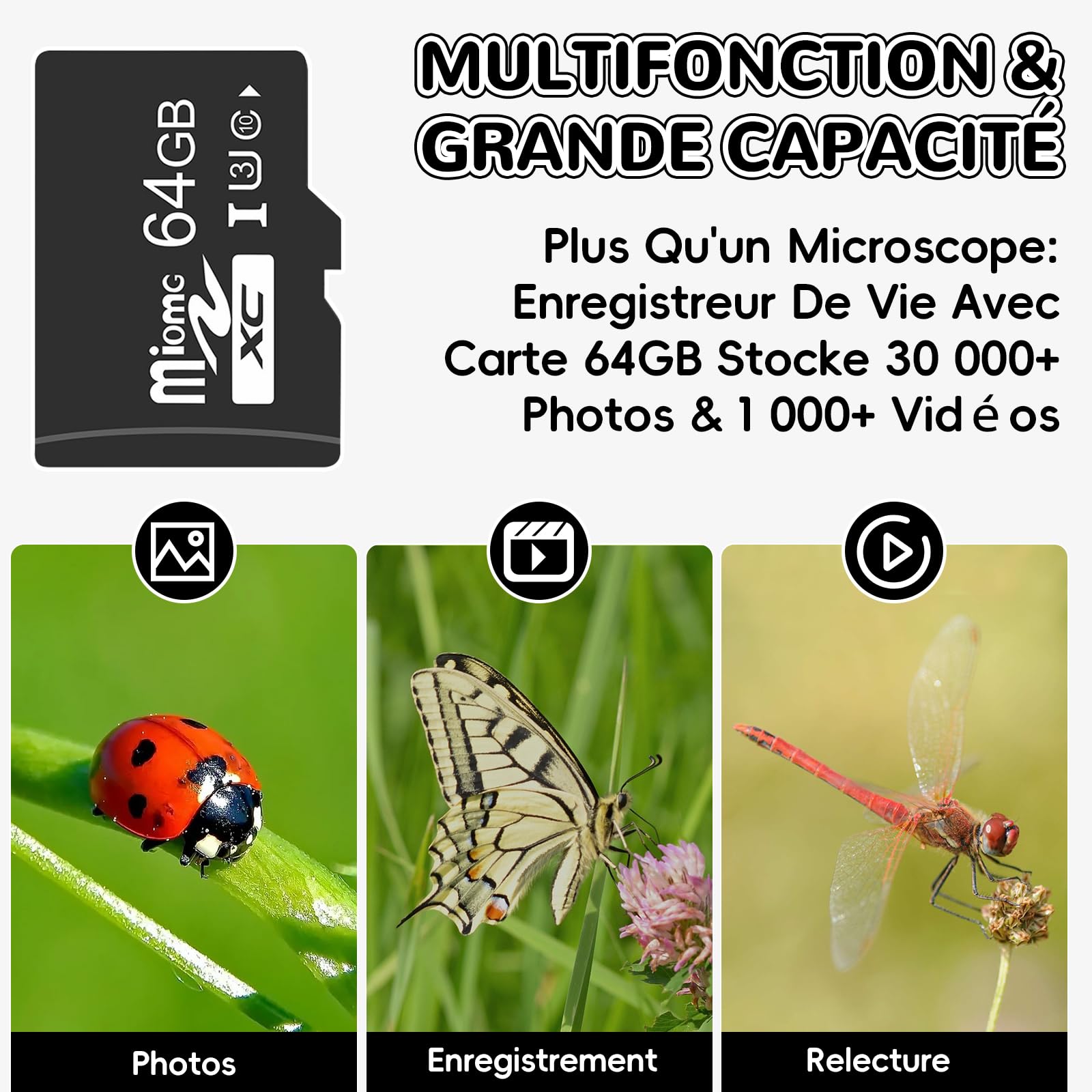 Microscope Enfant Portable avec Carte Mémoire 64Go, Écran LCD 4 Pouces, Grossissement 1600X, Prise de Photos et Vidéos