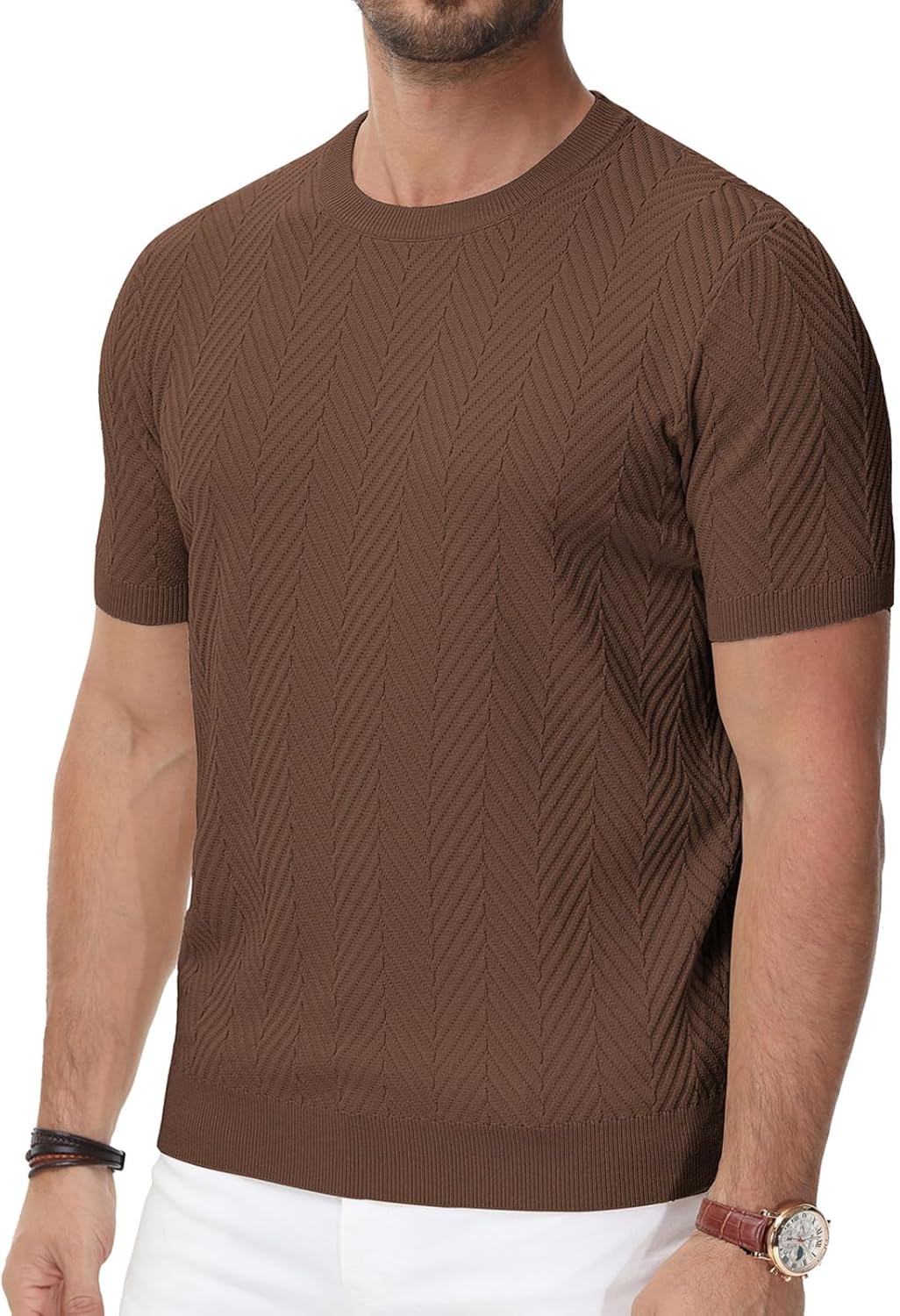 PJ PAUL JONES Men's Short Sleeve Knit T-Shirts Casual Crewneck Solid Texture Knit Shirt - Image 4