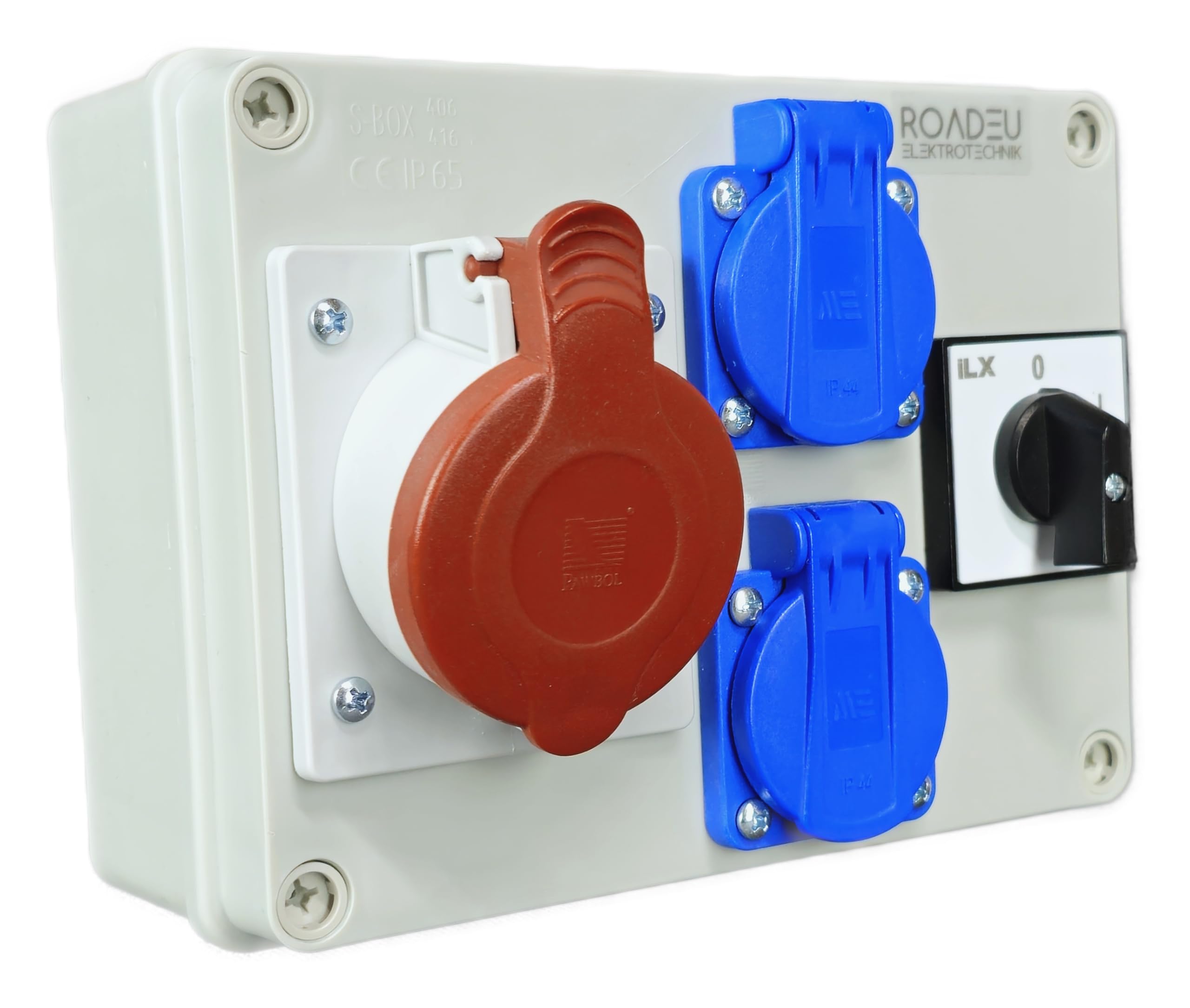 RoadEu - Coffret de chantier, Distributeur de courant CEE 16A. Prise avec interrupteur et 2 prises avec interrupteur principal 0-1. Répartiteur de courant fort avec prise IP44