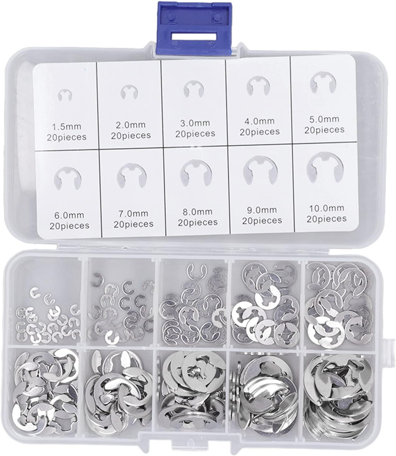 200PCS E Clip Assortment Kit Stainless Steel External Retaining Circlip for Bearing Gear Pulley Axle Shaft Strong Tension Strength Elastic Stop Ring Easy Mount Durable
