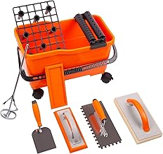 MIVOS Fliesenwaschset 7-teiliges Fliesenleger Waschset mit Räder - Profi Fliesen Waschset - Stukkateurspachtel - Zahnkelle - Schwammbrett - Reibebrett - Eimer 22L - Mörtelmischer
