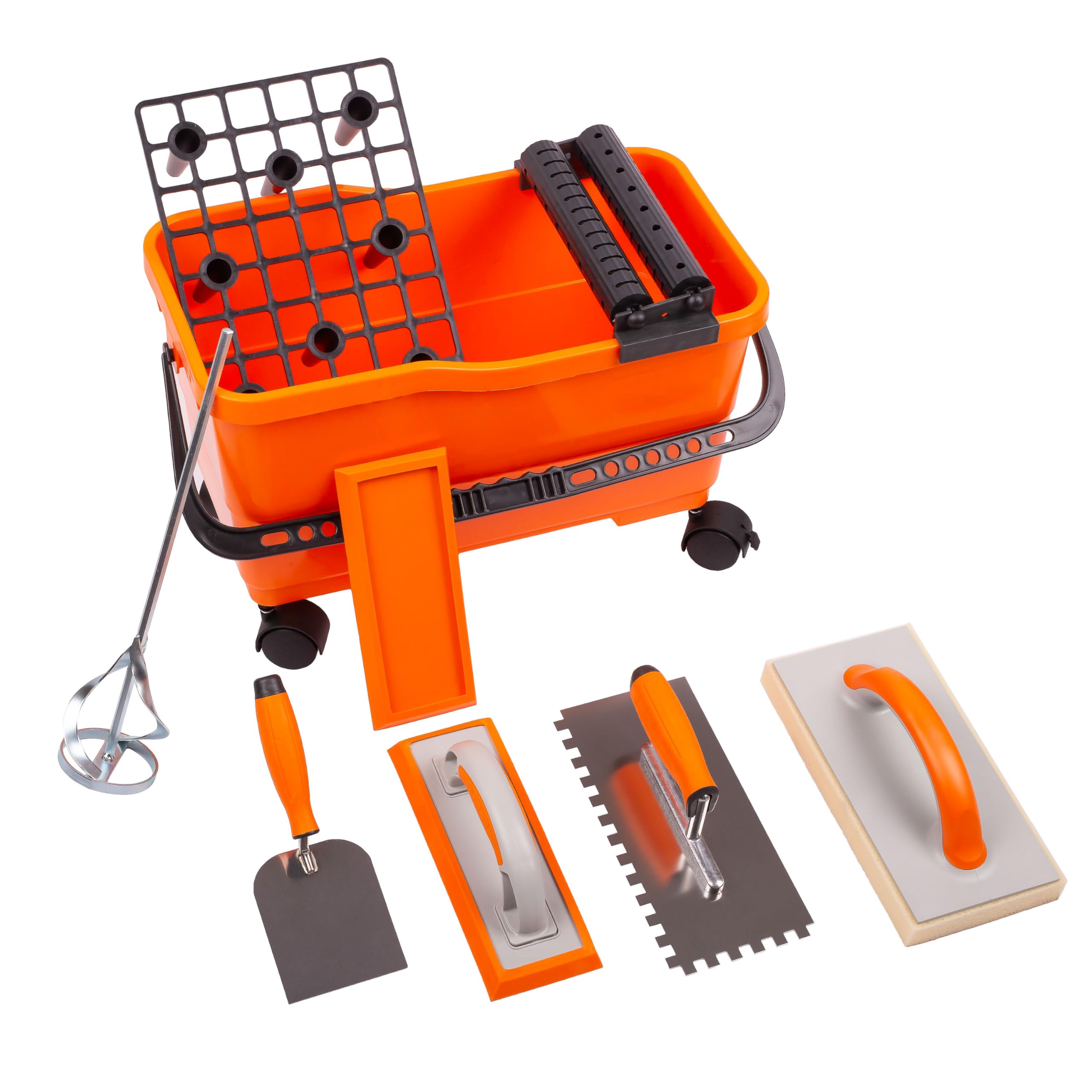 Mivos Tile Washer Set 7-Piece Tile Washer Set With Wheels - Professional Plastering Trowel - Toothed Trowel - Sponge Board - Rubbing Board - Bucket 22L - Mortar Mill