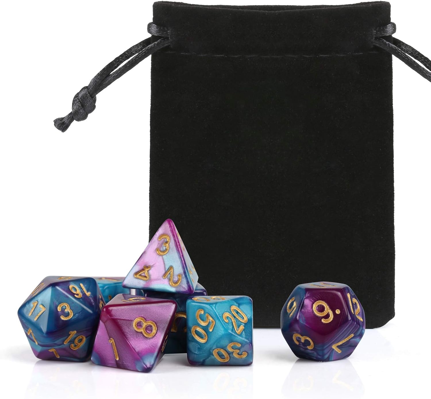 GWHOLE 7-Die Polyhedral Dice Set for Dungeons and Dragons with Black Pouch