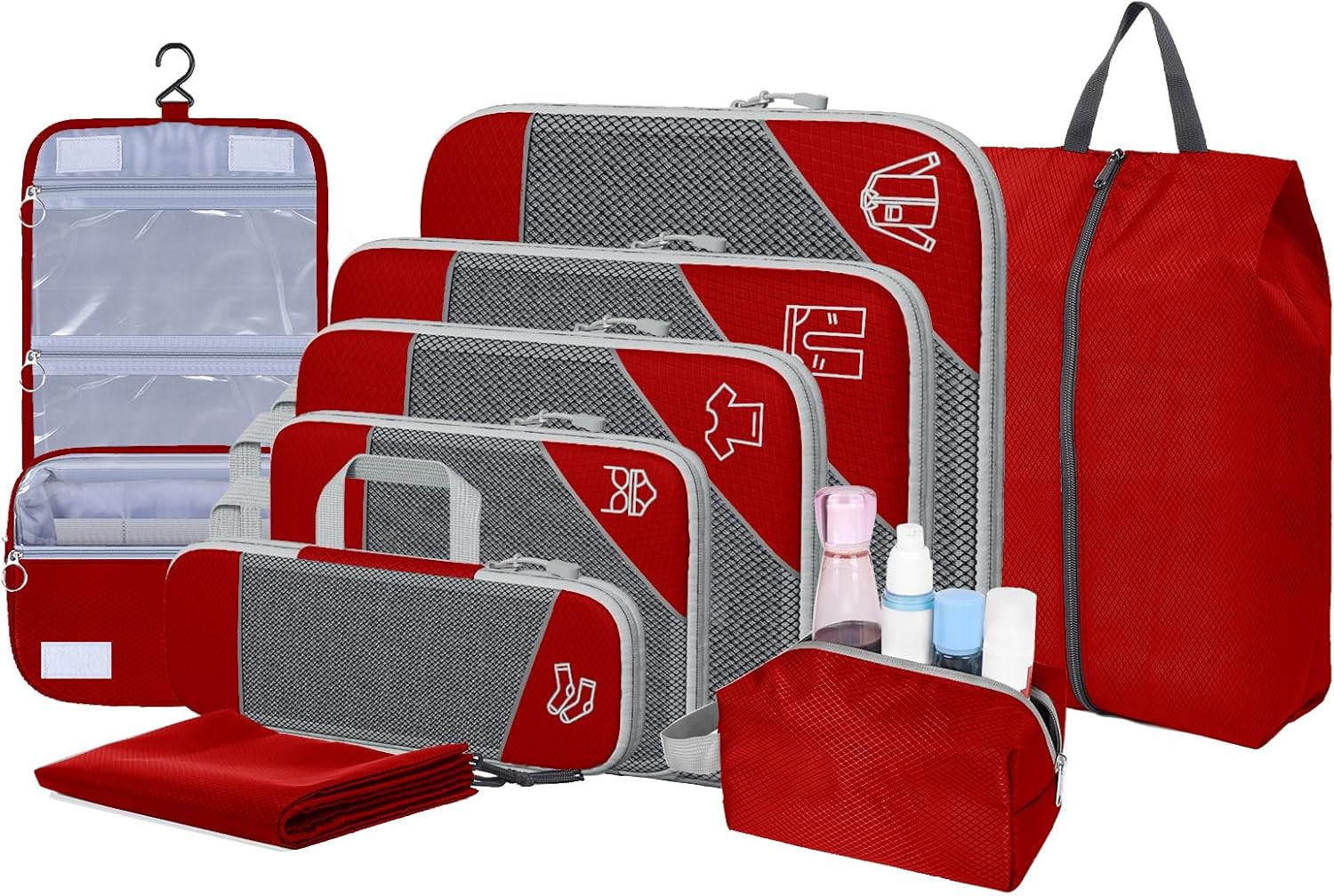 9-Set Packing Cubes with Hanging Bag | 9-Size Combination, Mesh Fabric & Reflective Stripe | Travel Luggage Organizers (Red)