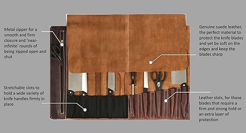 Miniatura 5 de Tolredo - Estuche para cuchillos de chef de cuero genuino de búfalo con 10 ranuras y 1 bolsillo con cremallera para almacenamiento culinario, bolsa