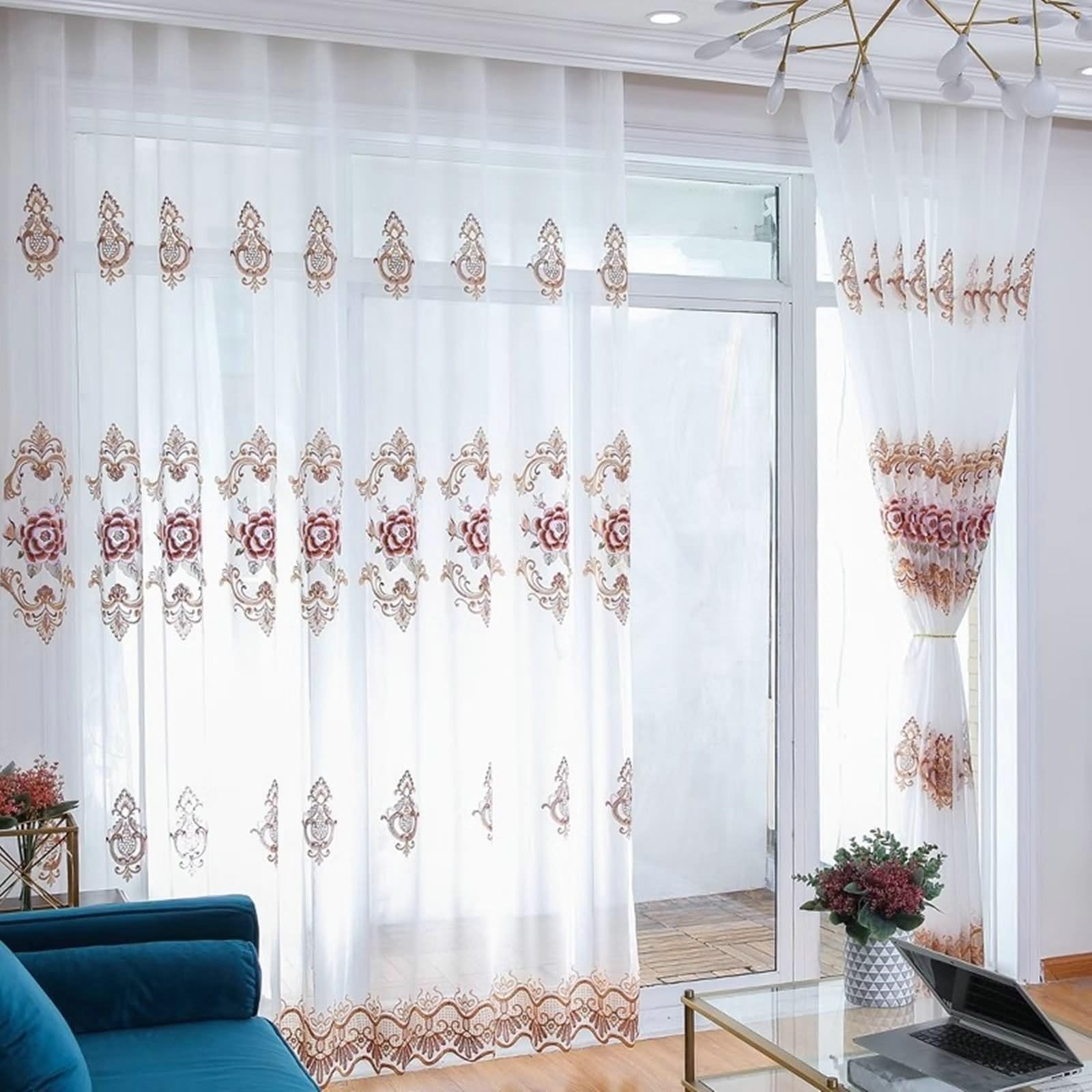Curtains Transparent, Rideau Exterieur Voilage Blanc Brun Pivoine Brodée Polyester 2 Panneaux 107W x 229L cm