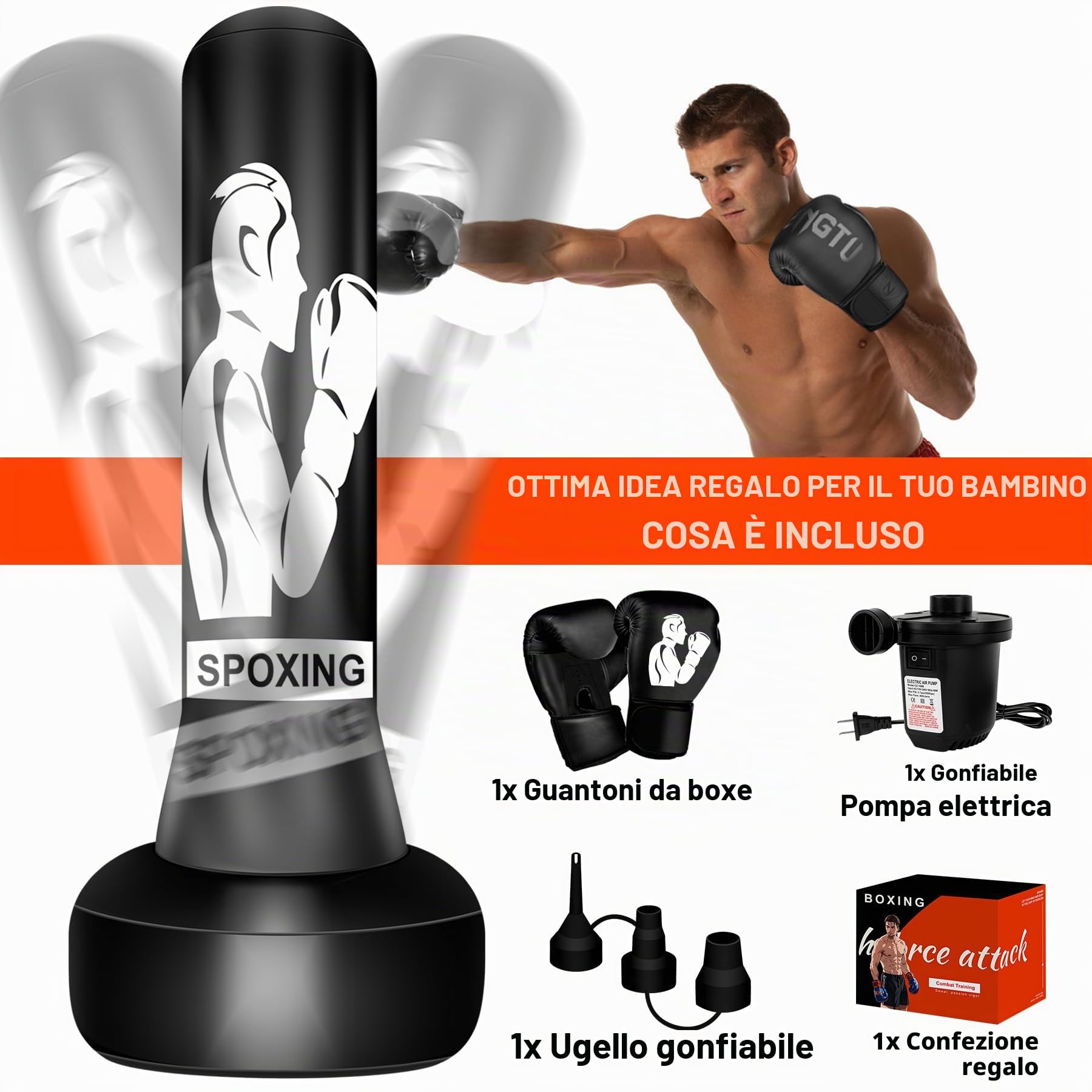 Sacco da boxe con supporto, 180 cm, autoportante, robusta attrezzatura da boxe per adulti, su misura per allenamento MMA, Muay Thai e fitness, ideale per kickboxing gonfiabile, in confezione regalo