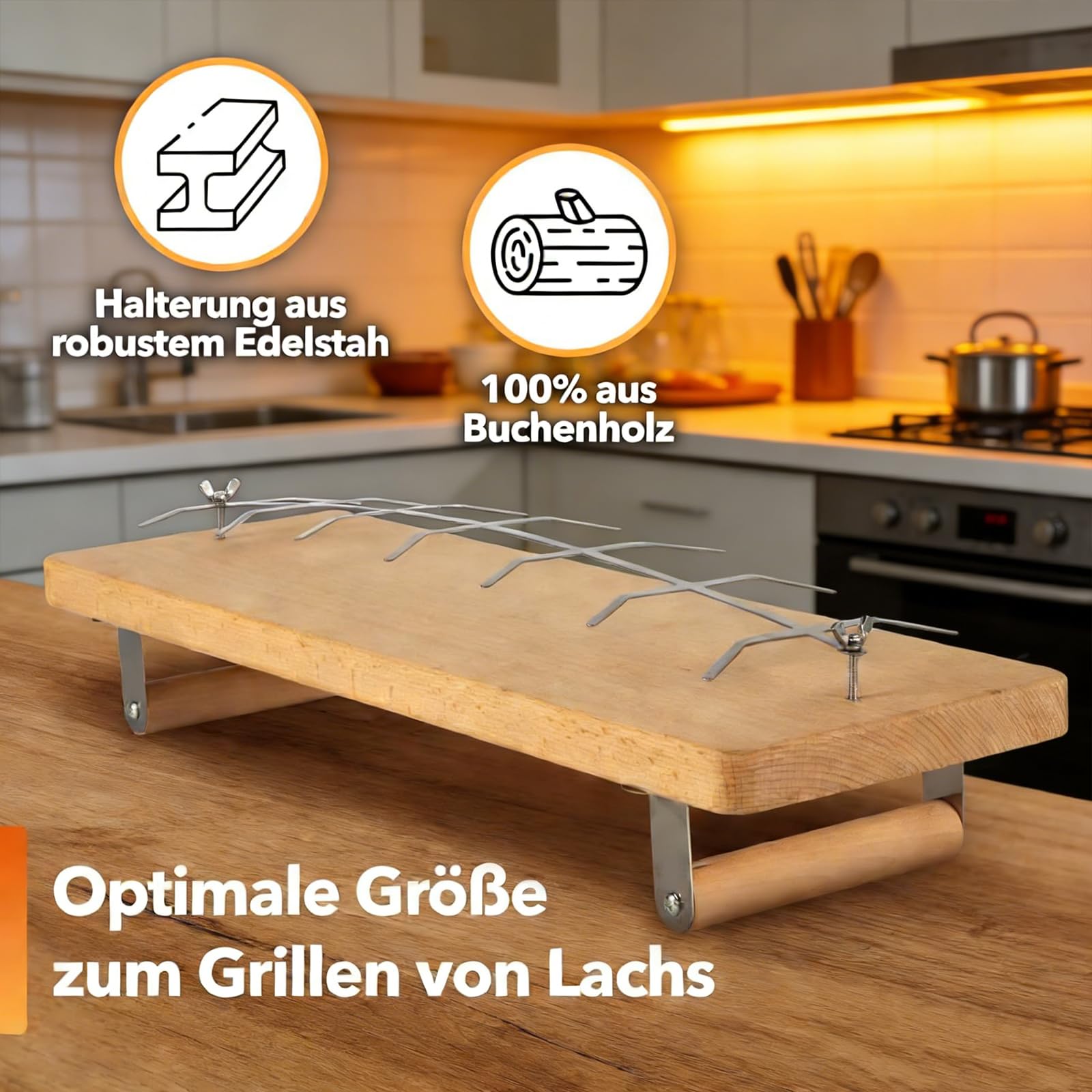 Griglia per salmone e pesce in acciaio inox con base pieghevole e in legno per un riscaldamento uniforme e una facile conservazione