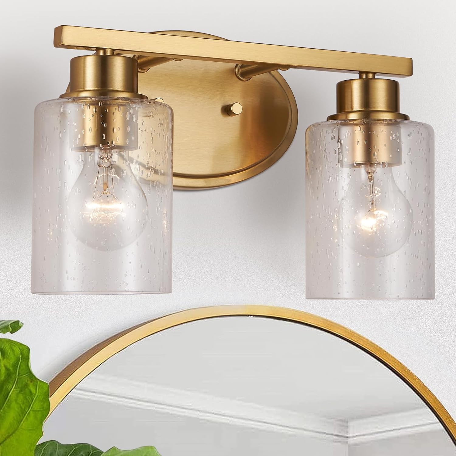 Bathroom Vanity Light Fixtures Over Mirror, Seeded Glass Bathroom Vanity Light, 2 Light Brushed Gold Bathroom Light Fixtures with Clear Glass, Modern Rustproof Vanity Light Wall Mount Brushed Gold 2-Lights