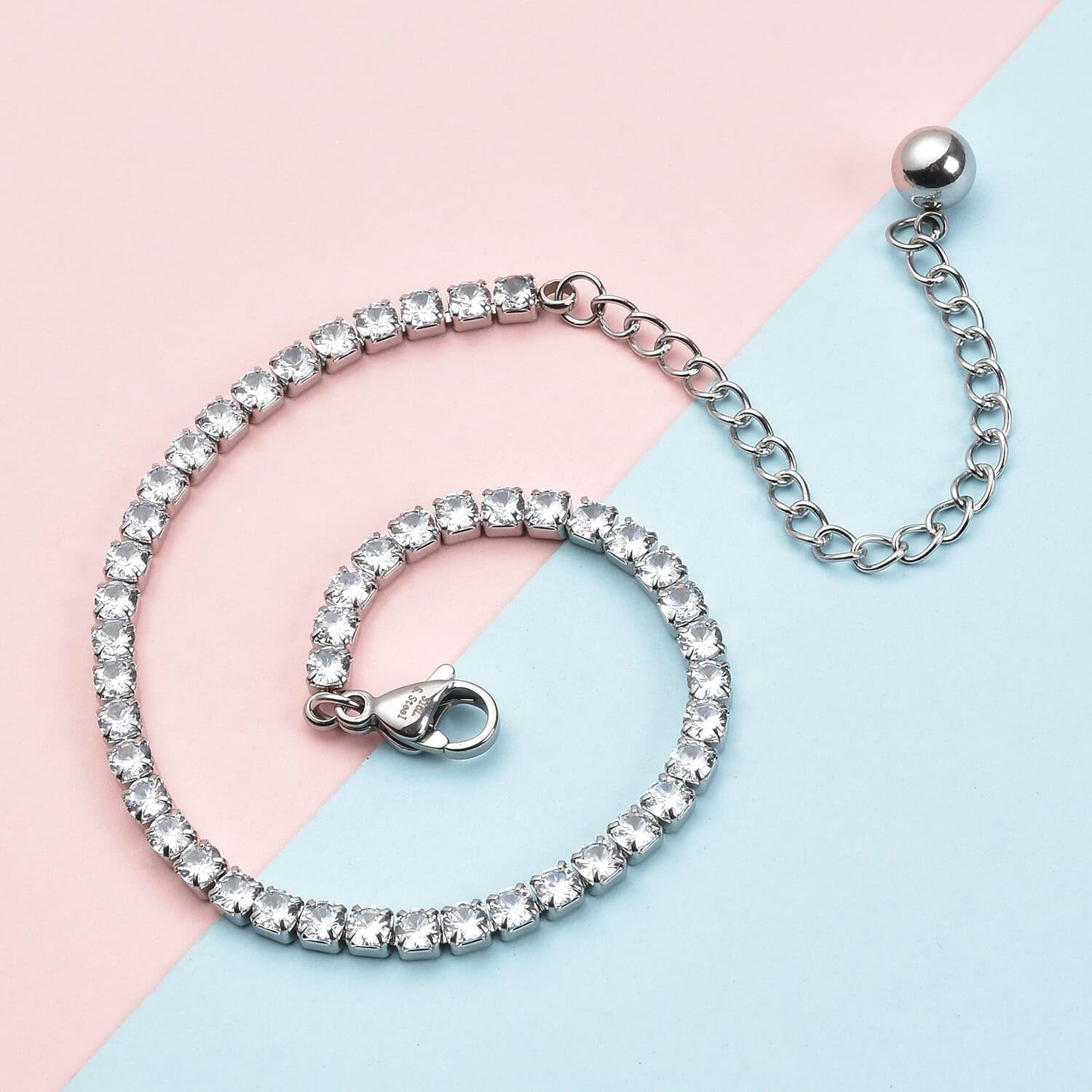 Stainless Steel Tennis Bracelet - Adjustable Cubic Zirconia Bracelet for Women - Dainty CZ Crystal Bridal Bracelets - 7" Length with a 2" Extender Costume Jewelry for Women Christmas Gifts - Image 2