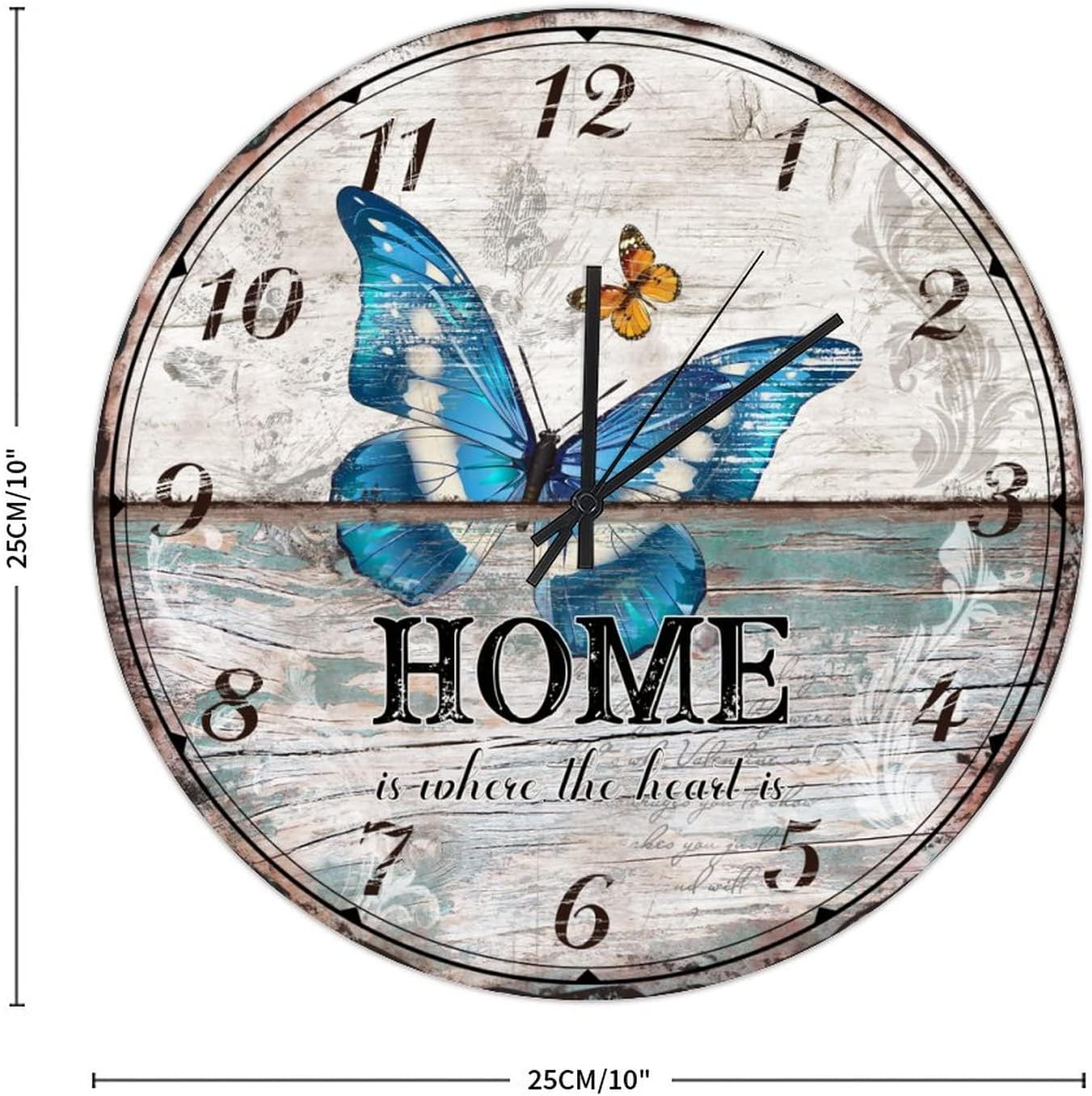 Vintage Blue Butterfly Wall Clock Home is Where The Heart is Wooden Wall Clock 10in Silent Non Ticking Battery Operated Country Style Popular Wall Decor for Farmhouse Bedroom Homeschool Bar image 2