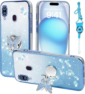 Funda para Samsung Galaxy A20, funda para Samsung A30, funda para teléfono celular para mujeres y niñas, funda protectora de TPU con diseño de mariposas con purpurina y correa para Samsung