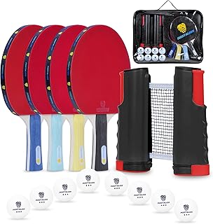 MOOTHLION Ping Pong Paddle Set, Portable Table Tennis Paddles, with Retractable Net, 4 Table Tennis Rackets, 8 Balls, Indoor and Outdoor Play Accessories Kit, Compact Storage Case