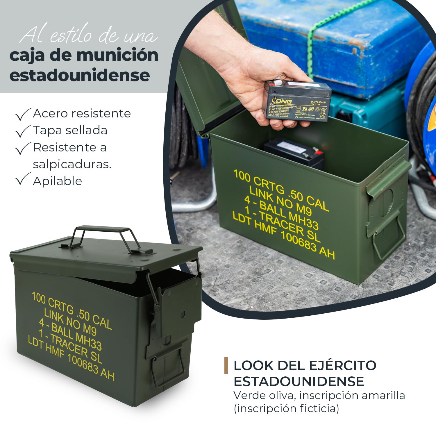 HMF 70011 Caja de Munición, US Ammo Box, Caja de Metal, 30 x 19 x 15,5 cm, verde