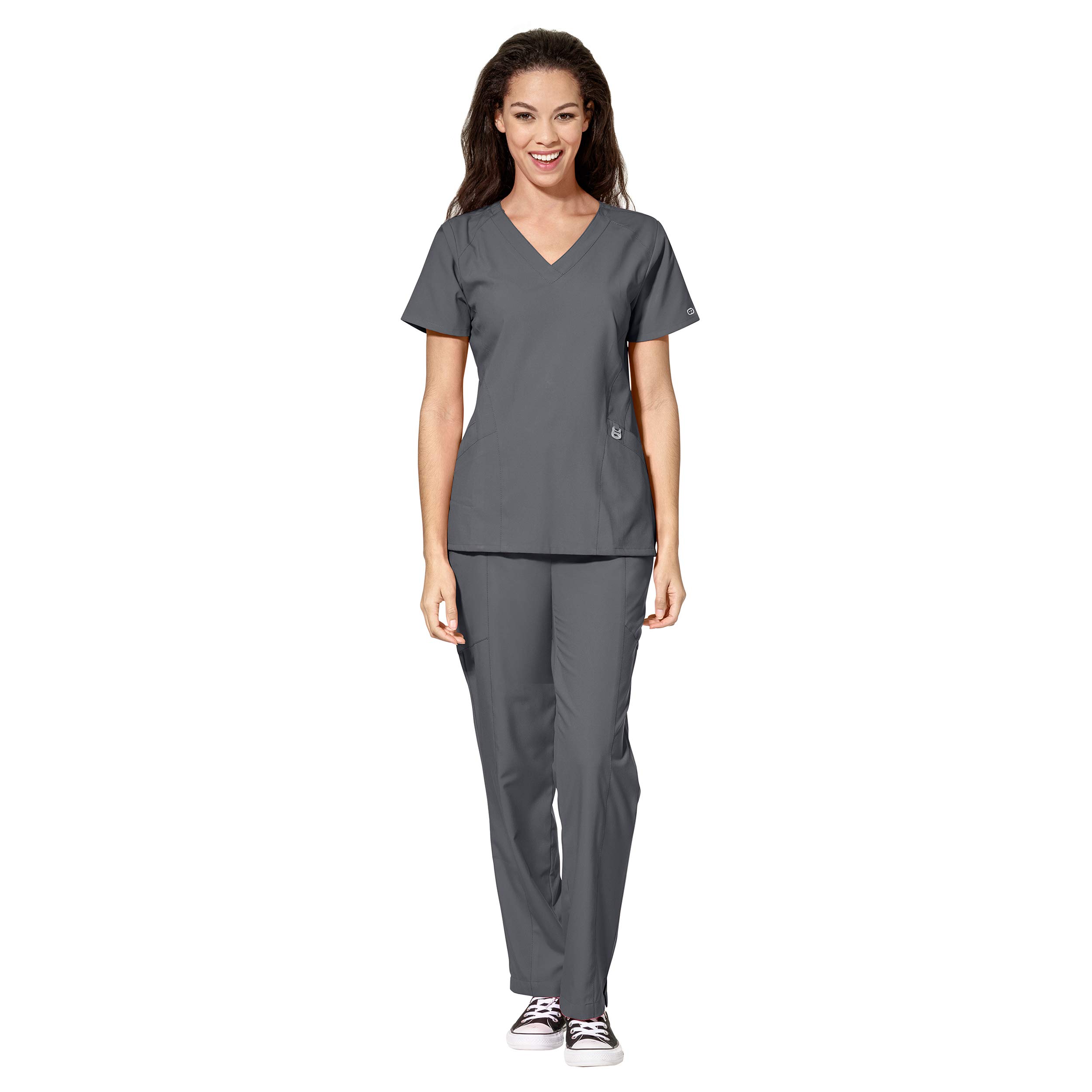 WonderWink W123 Women's Stylized V-neck Top & Flat Front Double Cargo Pant Scrub Set + Badge Reel