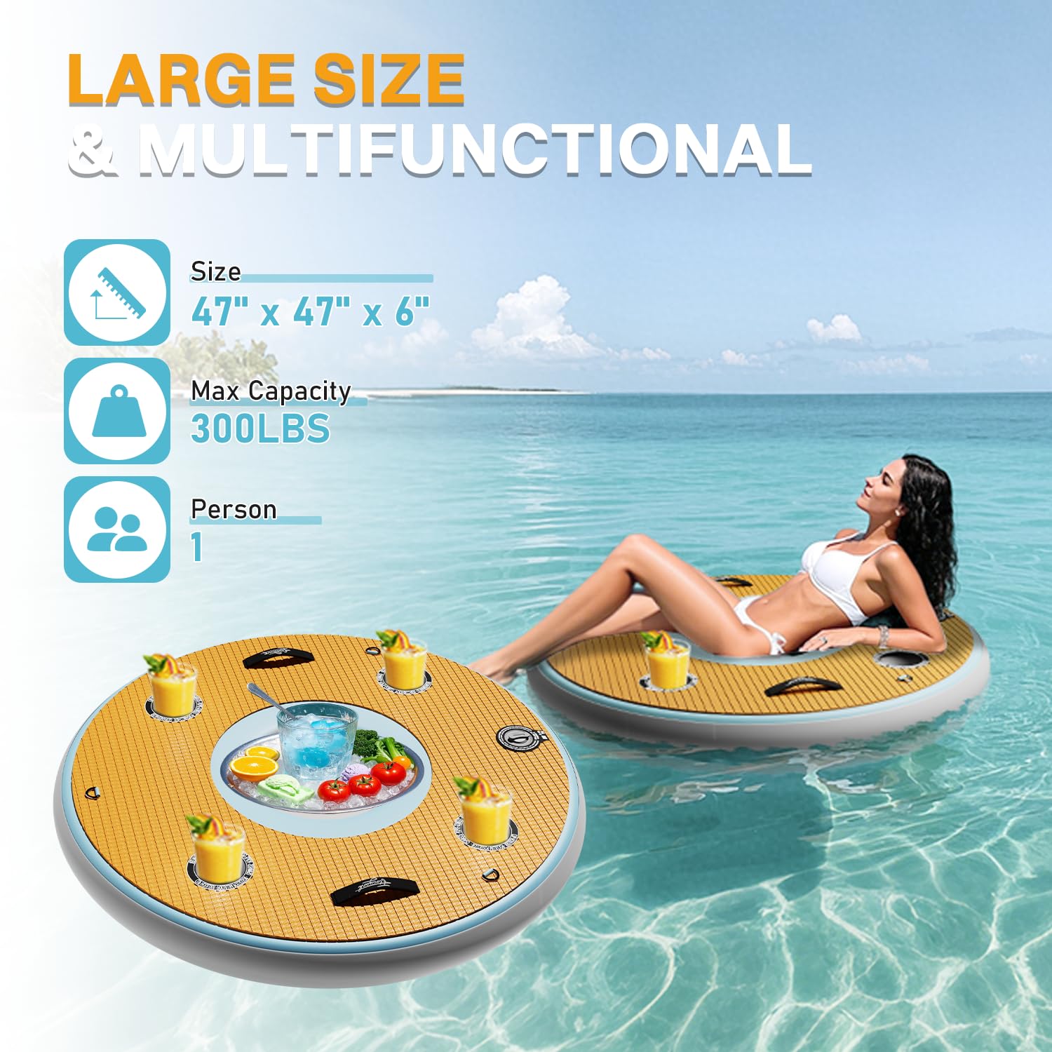 4 FT Inflatable Floating Bar, Paddle Board Material, 4 Drink Holders, 2-in-1 Design in Cooler Holder, Holds up to 300LB, Fun Swimming Pool Accessories for Adults, Used for Party, Beach?Sea and Lake