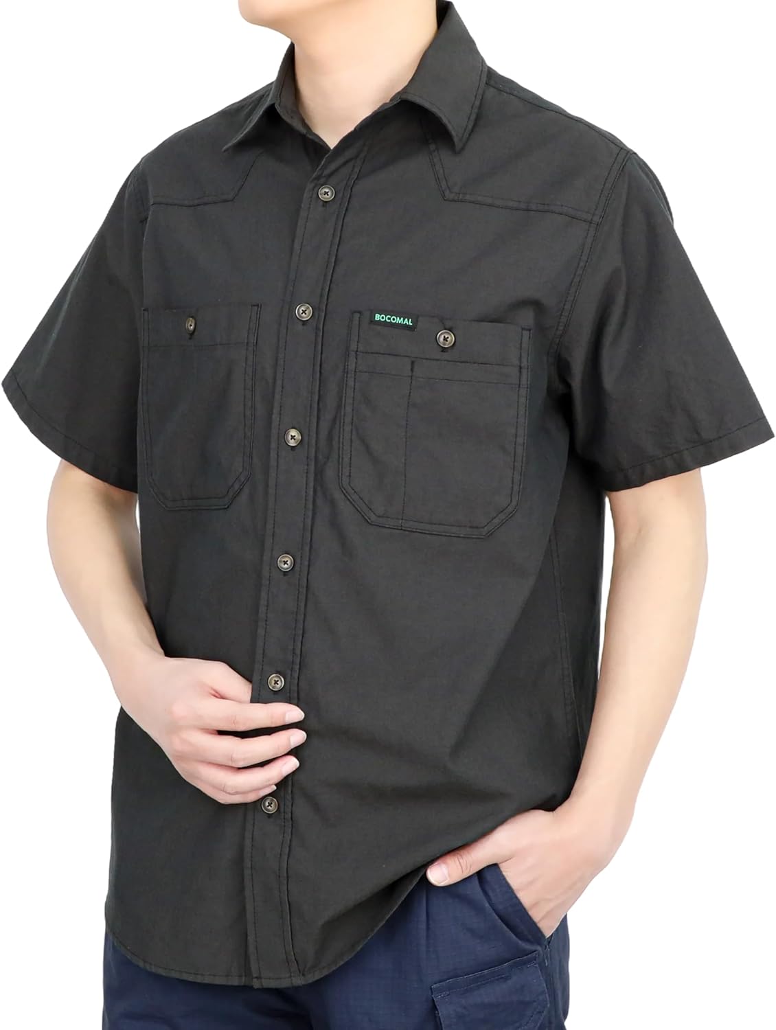 BOCOMAL Men's Short Sleeve Button Down Work Shirts Summer Relaxed Fit - Lightweight 100% C Chambray, EX-Soft, Utility Pockets