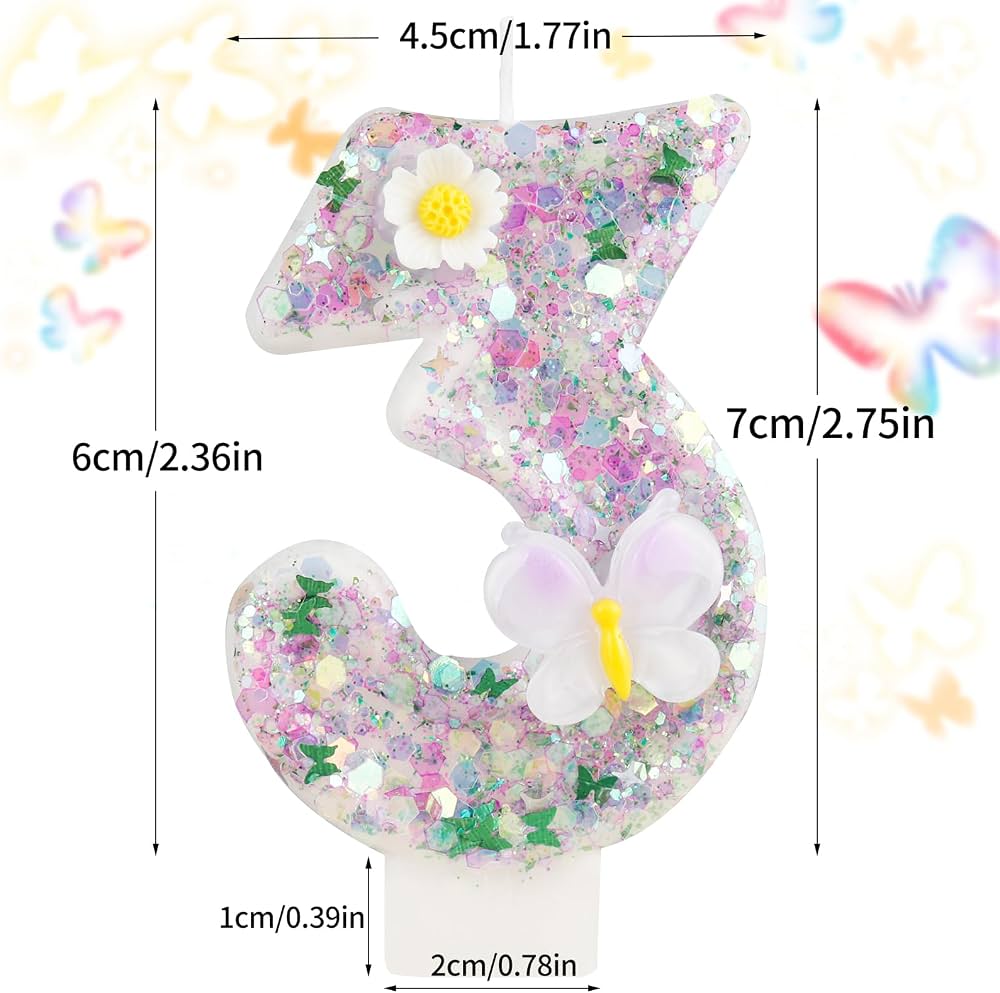 Amylove Violett-Schmetterling Geburtstagskerzen – Glitzer-Zahlenkerze + 6 Lange Kerzen Für Kuchen