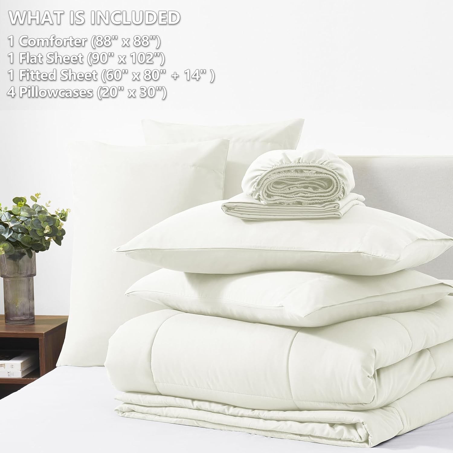 CozyLux Queen Size Comforter Set Ivory - 7 Pieces Bed in a Bag, Cream Off White Comforter Queen Size, Bedding Sets with All Season Quilted Comforter, Flat Sheet, Fitted Sheet, Pillowcases - Image 6