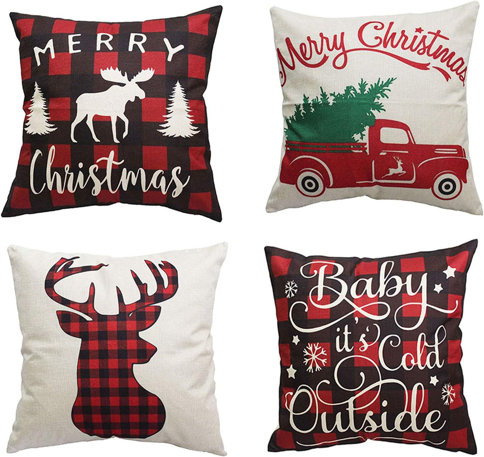 PSDWETS Christmas Pillow Covers Set of 4 Christmas Decorations Cotton Linen Winter Deer Christmas Decor Throw Pillow Covers Cushion Cover 18 X 18