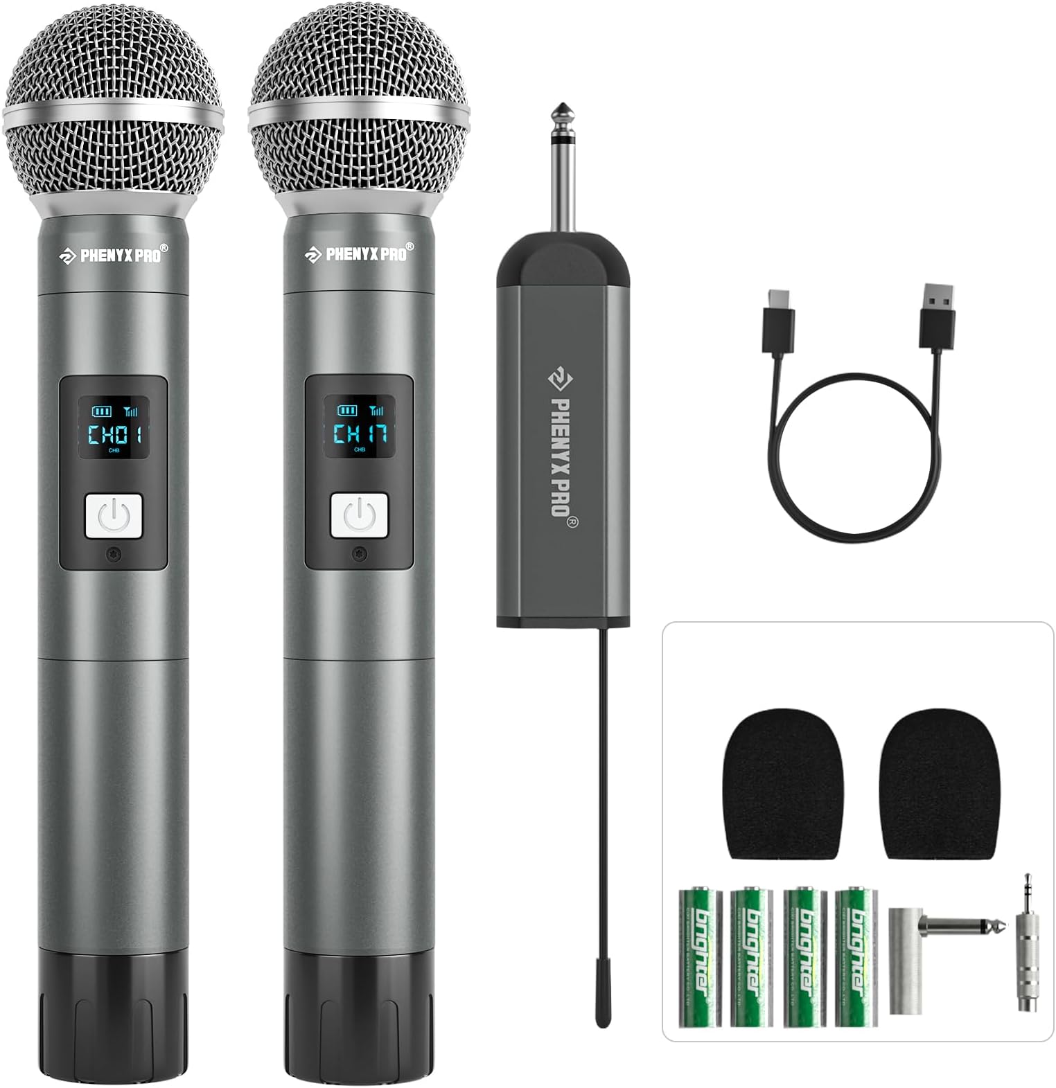 Dual Digital Wireless Microphone System, w/2 Handheld Dynamic Microphones,15 UHF Frequency Groups, Mini Receiver, Metal Cordless Mic for Karaoke,Church,DJ,Singing (PDP-2-2H)