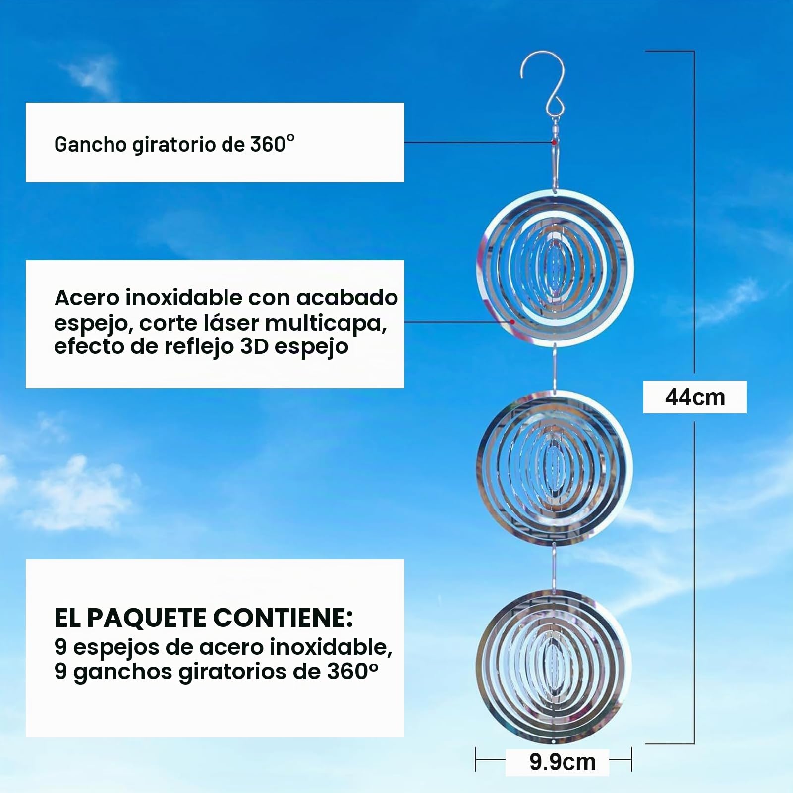 3 Pcs Campanas de Viento Espantapajaros, Giratorio 3D de Acero Inoxidable, Molinillo de Viento para Exterior, Ahuyentador de Pajaros para Jardín y Patio
