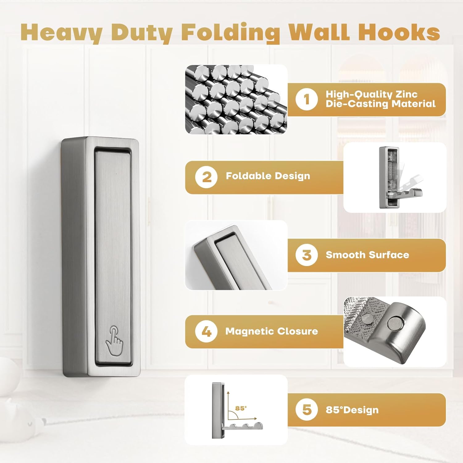 Folding Wall Hook, 4Pcs Foldable Coat Hooks Mounted, Heavy Duty Zinc Alloy No Rust Fold Up Hooks for Hanging Coat, Towel, Key, Hat, Bag, Jacket, Backpack (Brushed Nickel) - Image 3