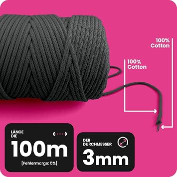 Netuno 1x Macrame Cord Braided Macramé Yarn Anthracite Grey 3 mm x 100 m 0,12 inch x 3 937 inch Natural Twine String Cotton Cord Ideal Project Hanging Baskets DIY Handbags Decoration | Cotton yarn with natural core, soft and skin-friendly - for wall hangings, dream catchers, carpets and baskets