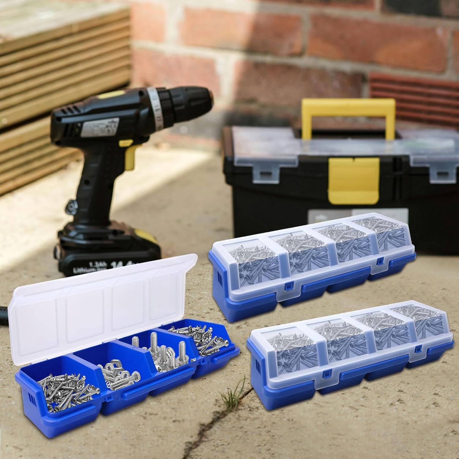 12 Pack Screw Organizer Box with Lids 4 Divider Compartment Storage Containers Tools Box Organizer Blue Sorting Screw Toolbox Case for Garage Small Parts Tool Craft Storage Supplies