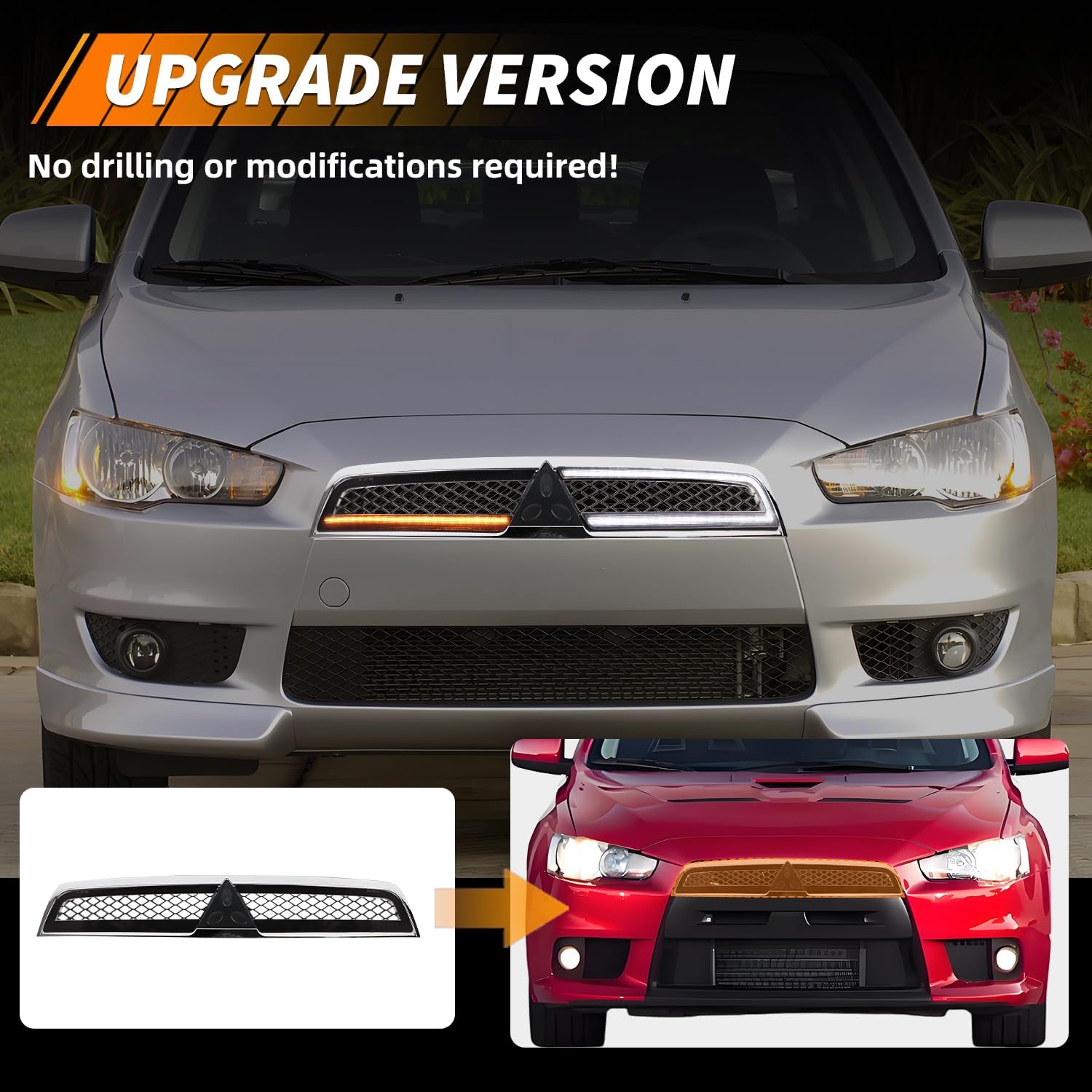 [Upgraded] Front Grille Fit for Mitsubi-shi Lancer 2008-2015, [2 in 1 Design] Amber LED Sequential Turn Signal Light & White DRL, Bumper Hood Mesh Grille, Front Bumper Grille