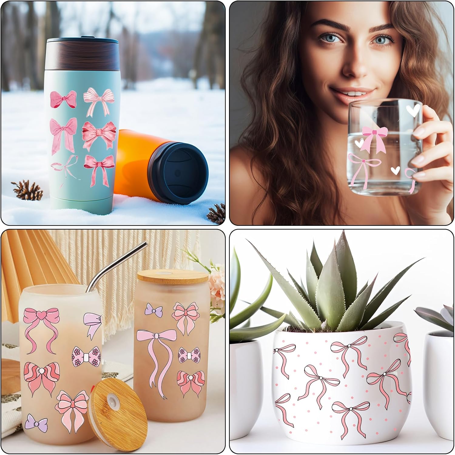 8 Sheets Bow Theme UV DTF Cup Wrap Transfer for Glass Cups Bow Stickers