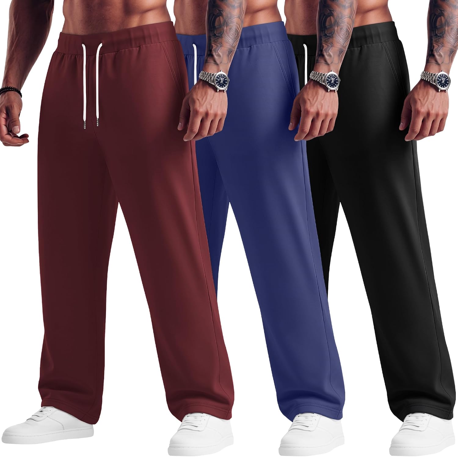 3 Pack Men's Big and Tall Baggy Sweatpants Wide Leg Drawstring Loose Athletic Workout Casual Pants with Pockets