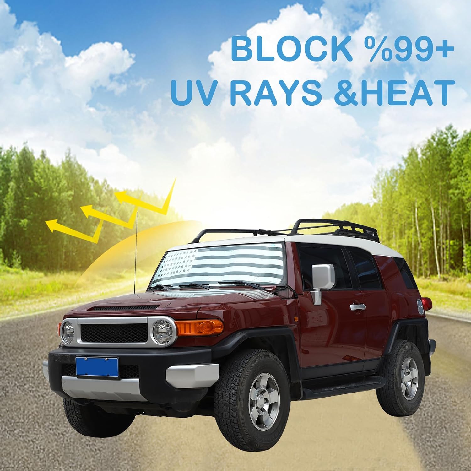 Windshield Sunshade Compatible with Toyota FJ Cruiser 2007-2021, Foldable UV Ray Reflector Auto Window Sun Shade, Keeps Your Vehicle Cool (Flag Style)