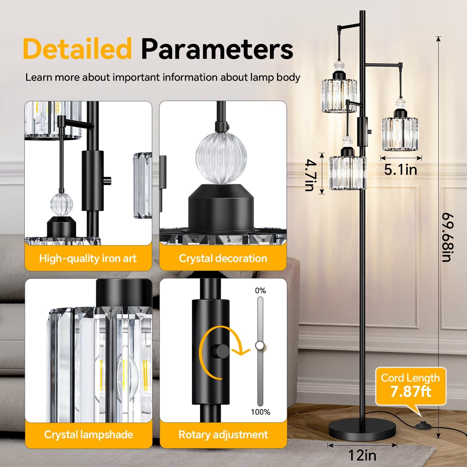 70" Black Tree Floor Lamp with 3 Crystal Cage Lampshades & Dimmable Bulbs - Vintage Glam Standing Lamp for Living Room Bedroom, Industrial Modern Decor with Crystal Ball Accents