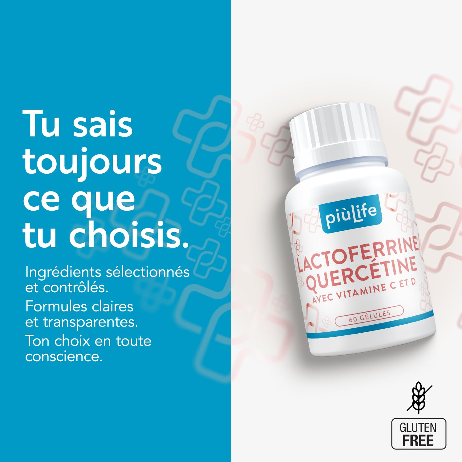 Lactoferrine Quercétine avec Vitamines C et D, PiùLife – 120 gélules