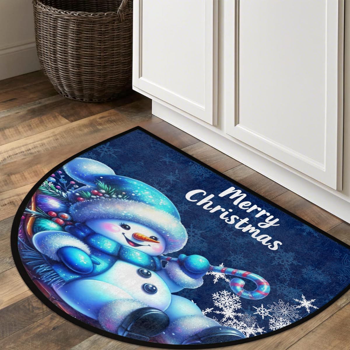 Half Round Door Mat Snowman Christmas Holidays Non Slip Absorbent Semi Circle Area Rugs Washable Half Moon Floor Mats for Indoor Patio Kitchen Bathroom Entryway Fireplace Home Carpet Decor