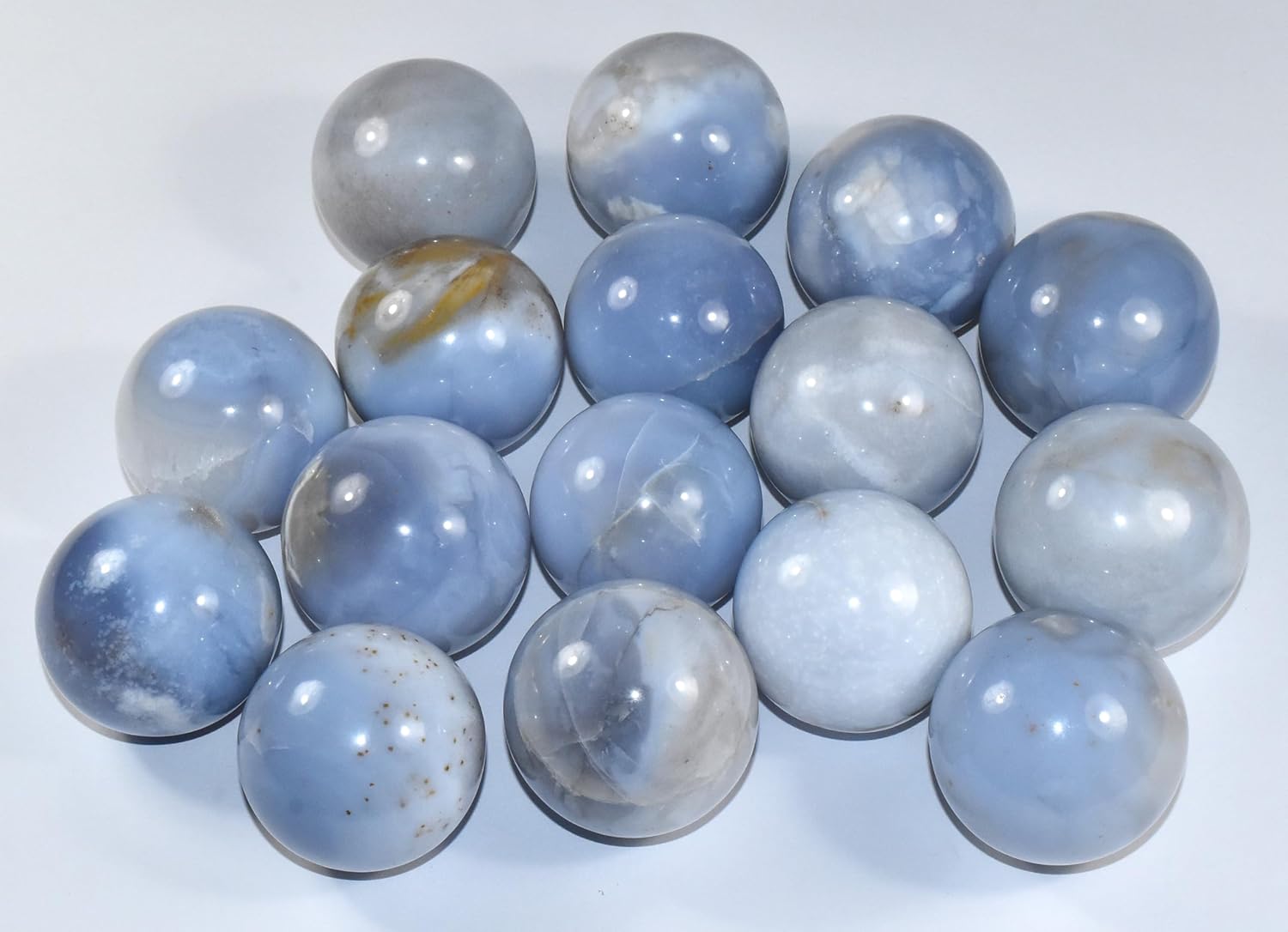 5PCs Set of 45mm Blue Chalcedony Carved Spheres Polished Natural Gemstone Crystal Mineral Collectible Decor Specimen Balls - India + Stand