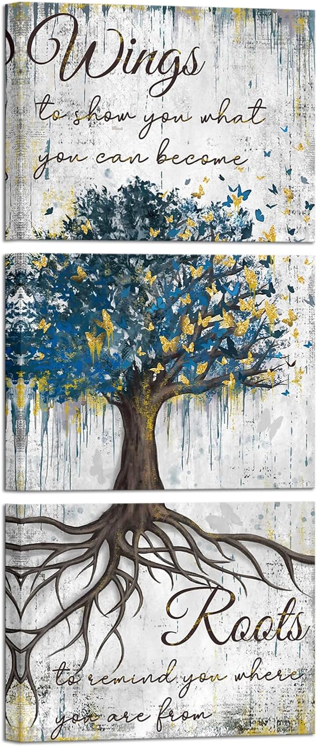 Conipit Vertical Tree of Life Canvas Wall Art Butterfly Tree Painting Inspirational Butterfly Quotes Wall Decor Rustic Tree Canvas (Blue White, 12''x16''x3)