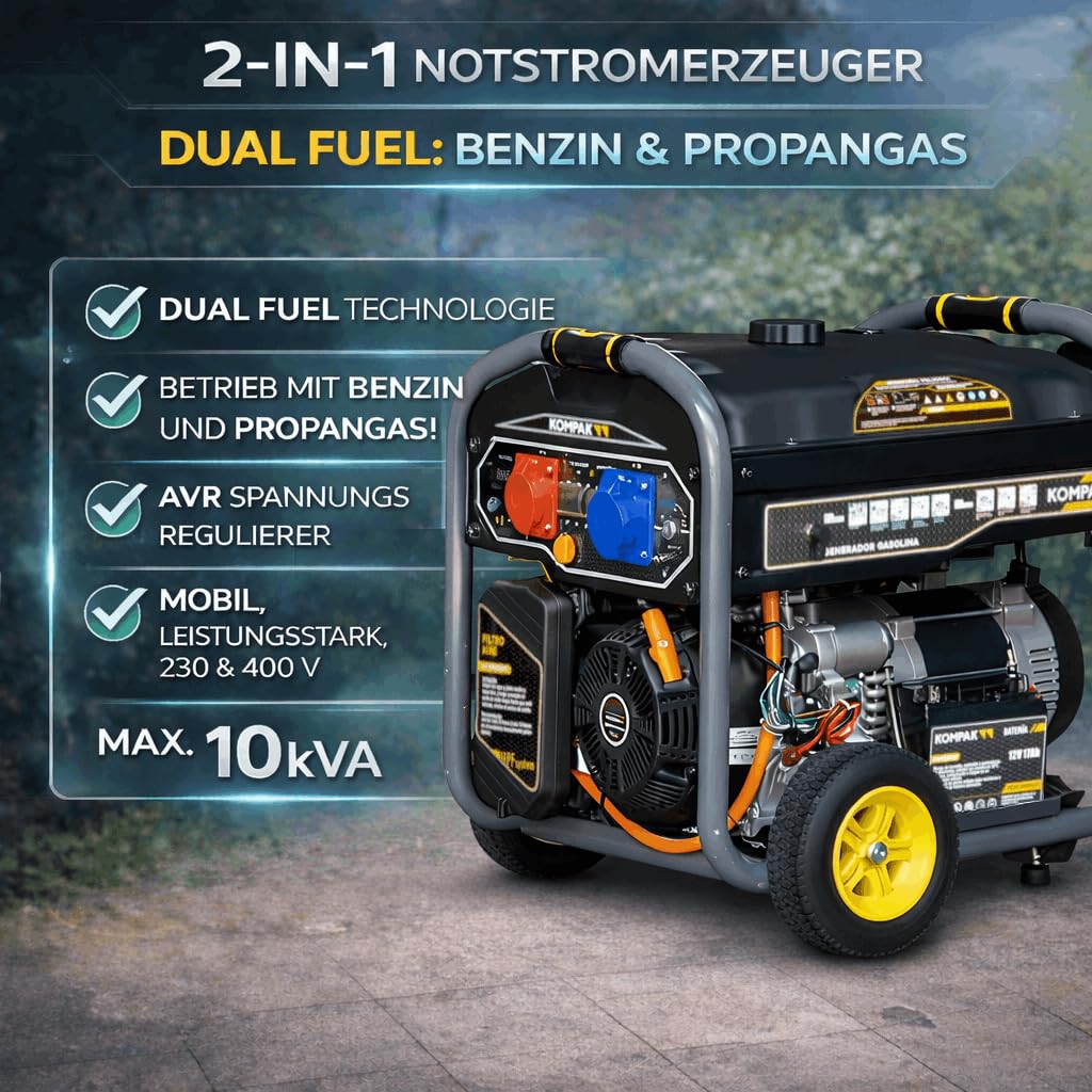 Dual Fuel Strom-Generator 10 kVA | KOMPLETT-SET – Benzin & Propangas Notstromaggregat 230/400 V – fahrbar inkl. 4er-Steckerleiste, Gasflasche & Zubehör
